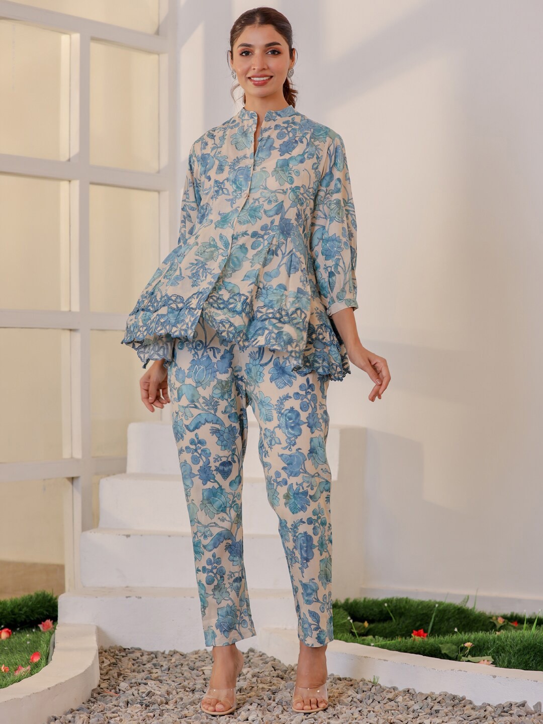 

Readiprint Fashions Floral Printed Pure Cotton Top With Trousers, Blue