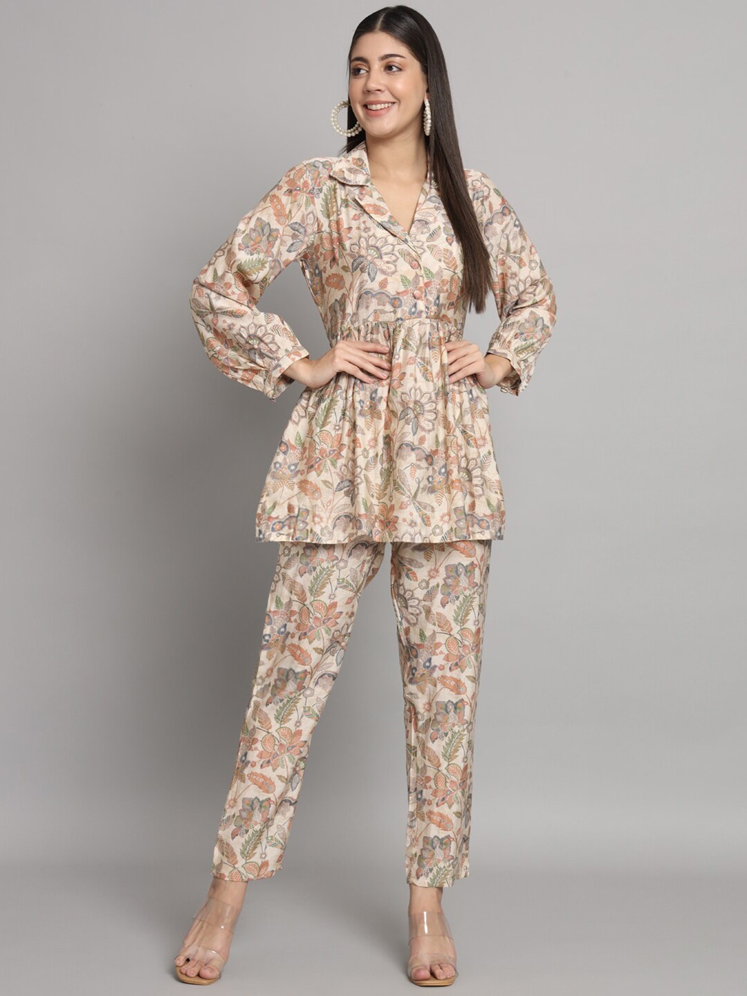 

Readiprint Floral Printed Pure Silk Top With Trousers, Beige