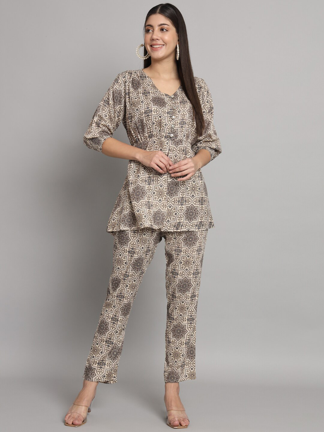 

Readiprint Ethnic Motif Printed Top With Trousers, Beige