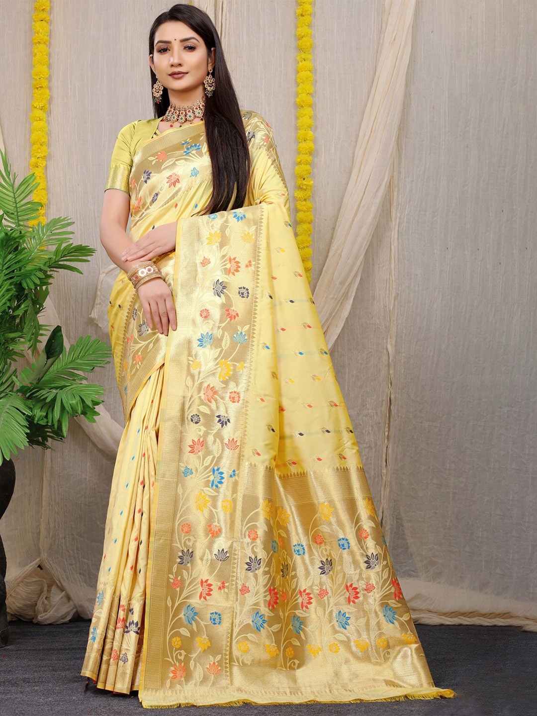 

CANIZZARO Ethnic Motifs Woven Design Zari Pure Silk Paithani Saree, Yellow
