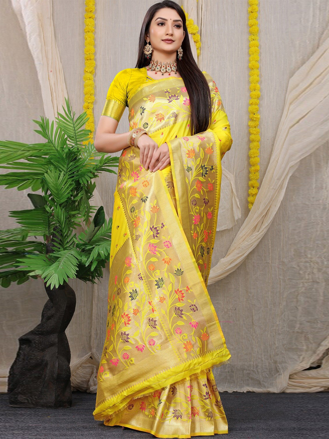 

CANIZZARO Ethnic Motifs Woven Design Zari Pure Silk Paithani Saree, Yellow