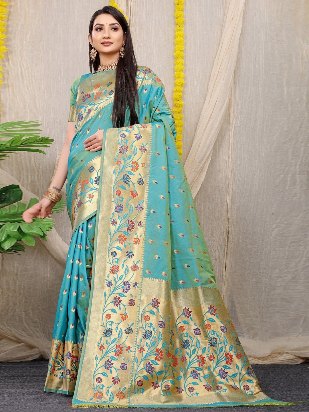 

CANIZZARO Ethnic Motifs Woven Design Zari Pure Silk Paithani Saree, Blue