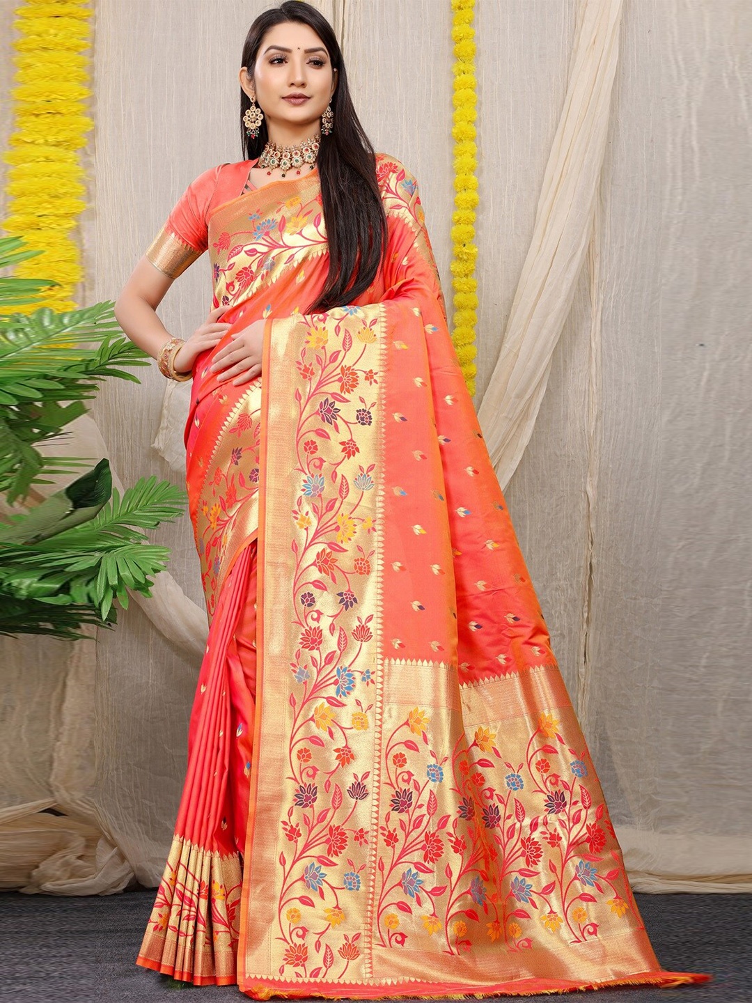 

CANIZZARO Ethnic Motifs Woven Design Zari Pure Silk Paithani Saree, Peach