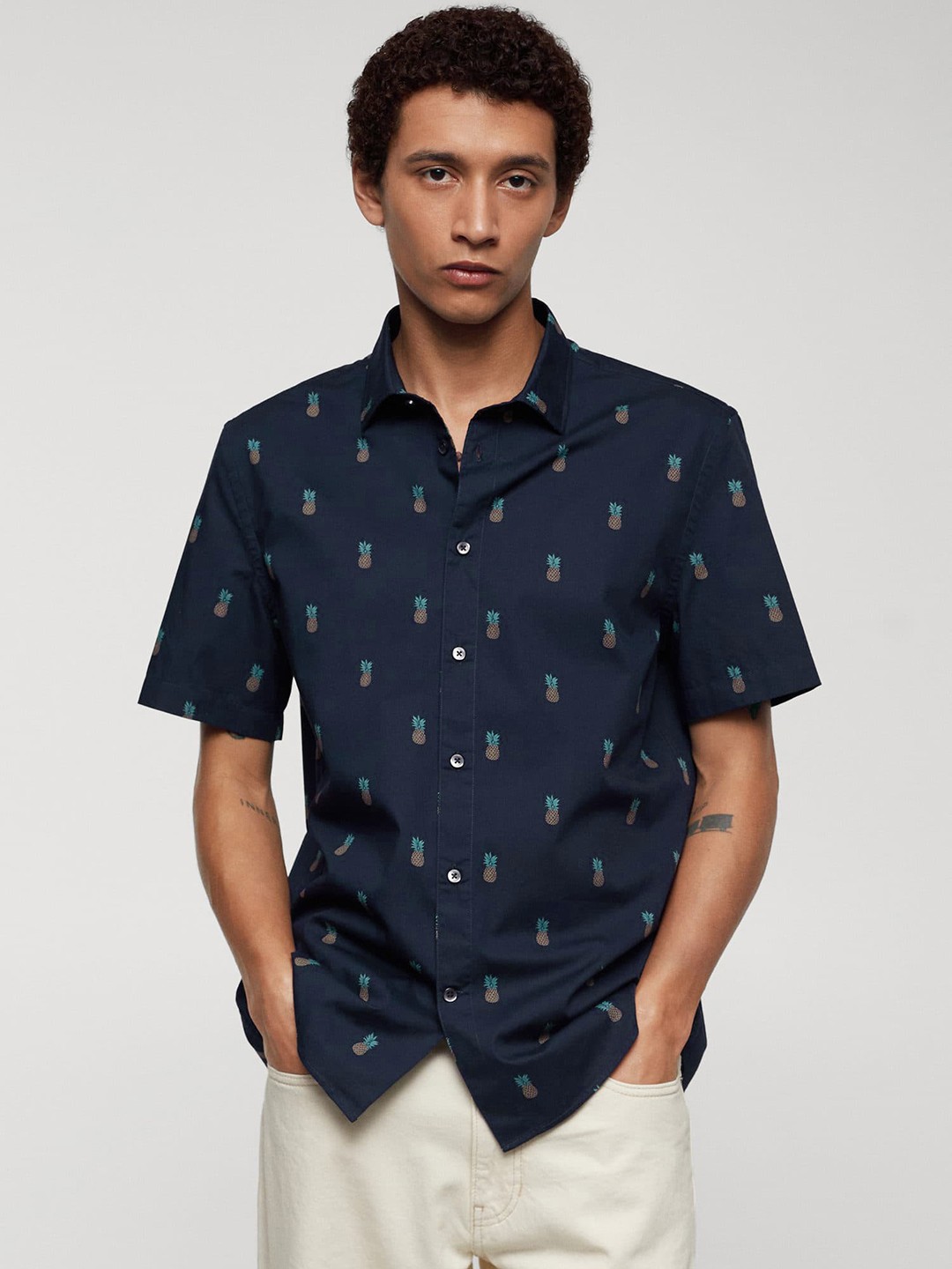 

MANGO MAN Printed Pure Cotton Casual Shirt, Navy blue