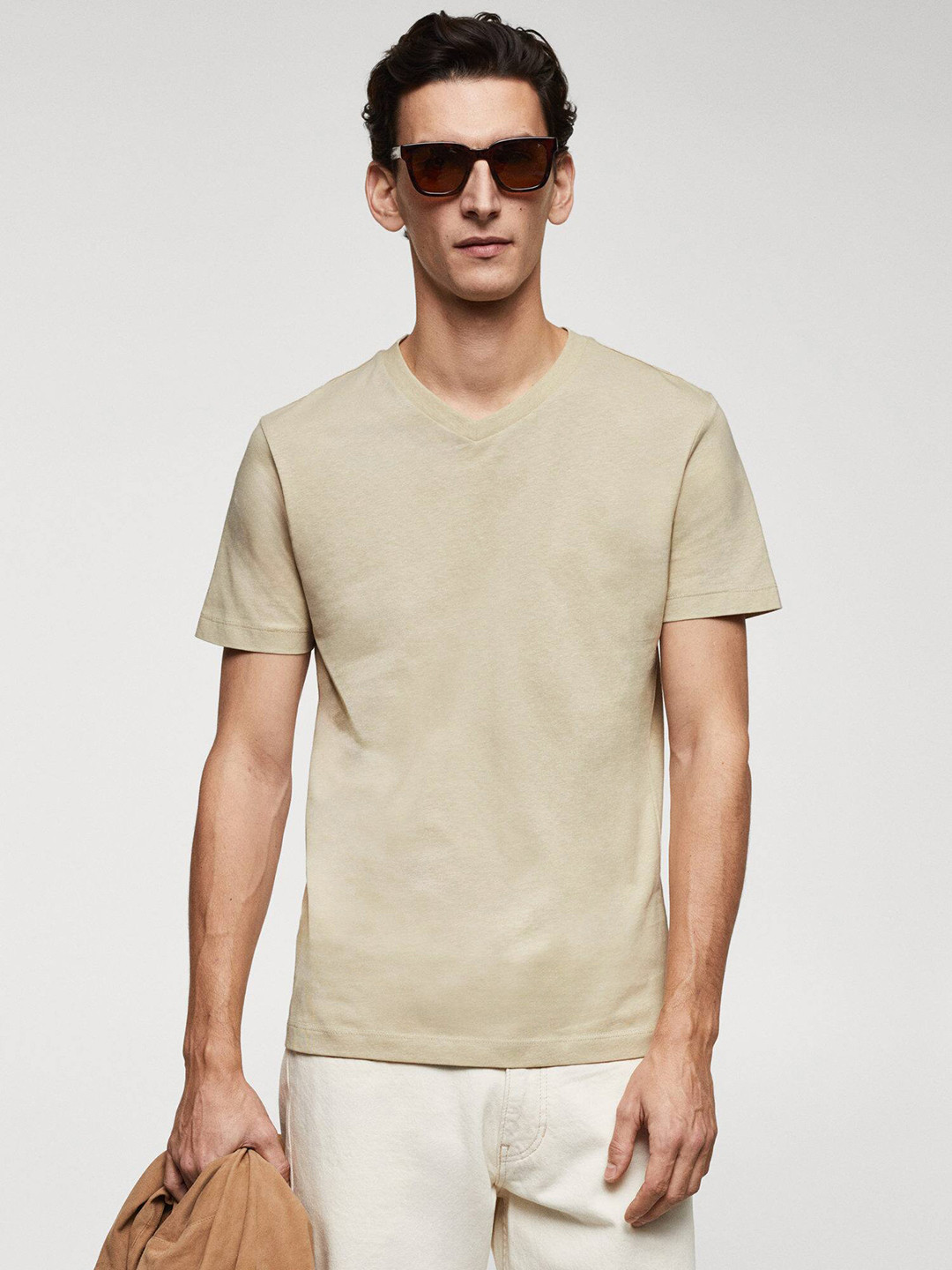 

MANGO MAN V-Neck Pure Cotton T-shirt, Beige
