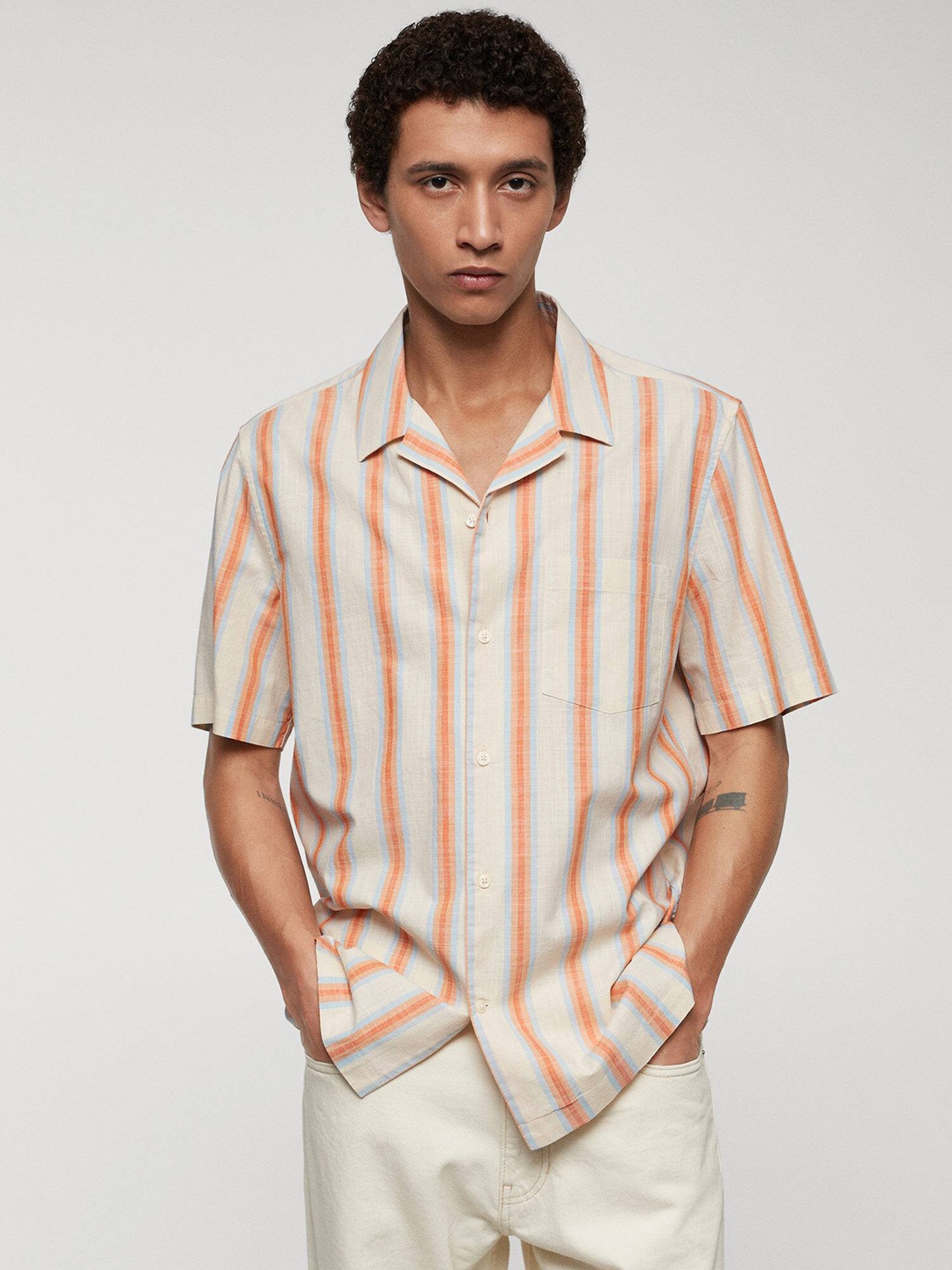 

MANGO MAN Striped Pure Cotton Casual Shirt, Cream
