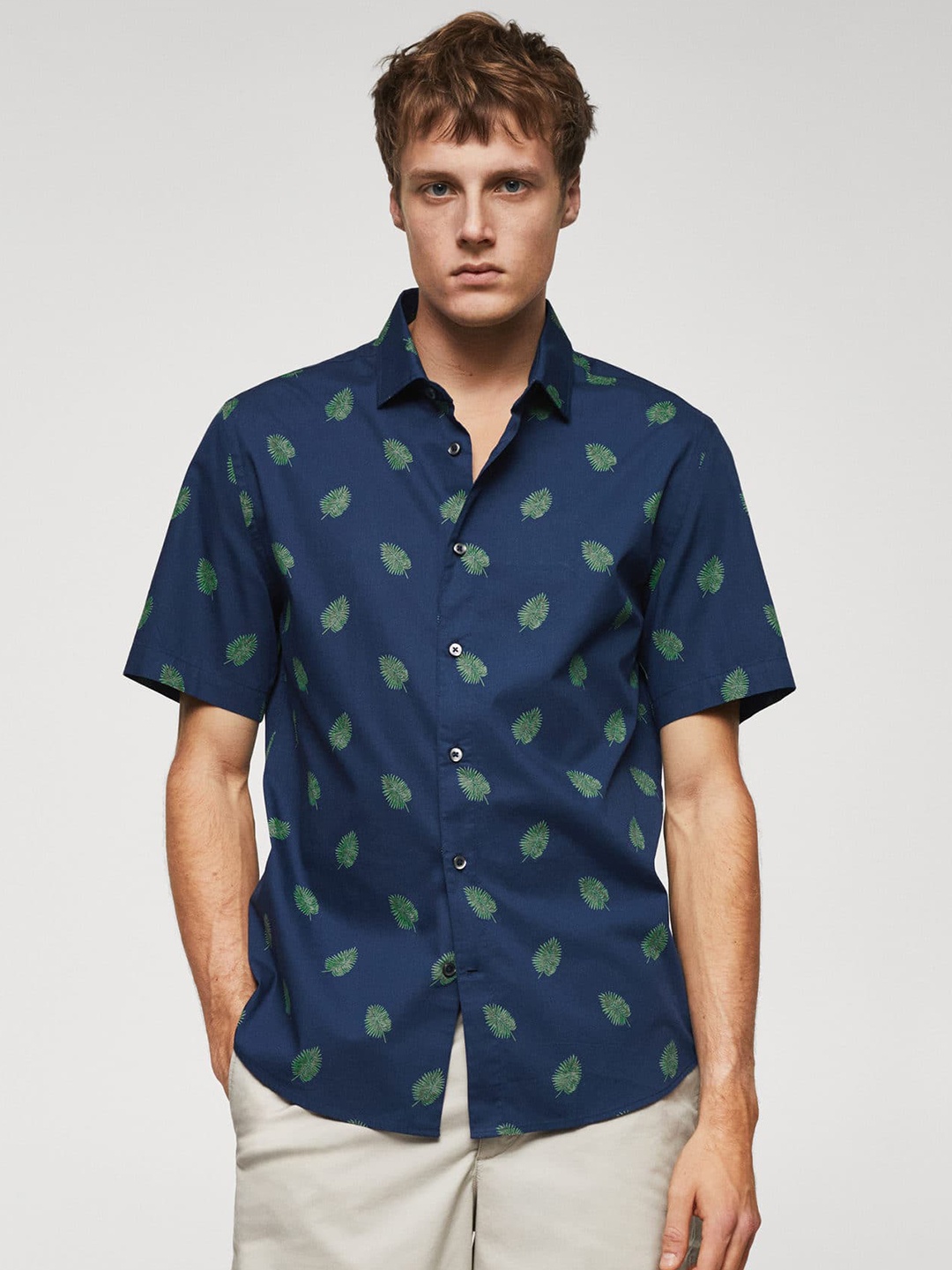 

MANGO MAN Tropical Printed Pure Cotton Casual Shirt, Navy blue