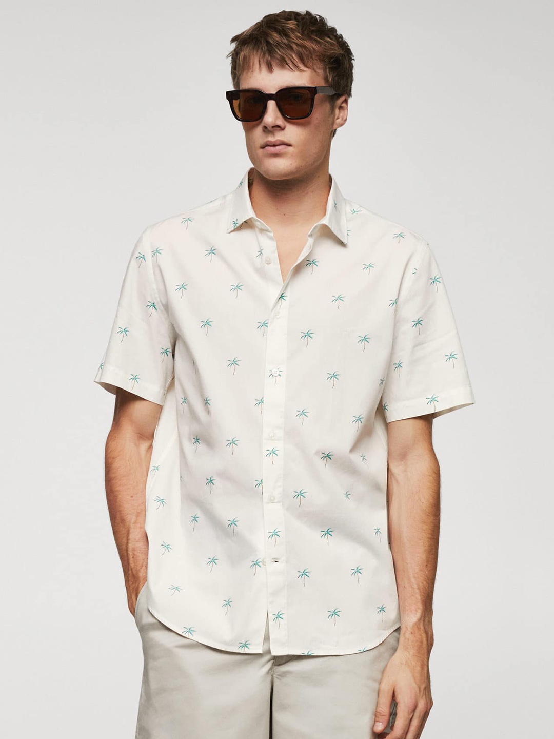 

MANGO MAN Tropical Print Pure Cotton Casual Shirt, White