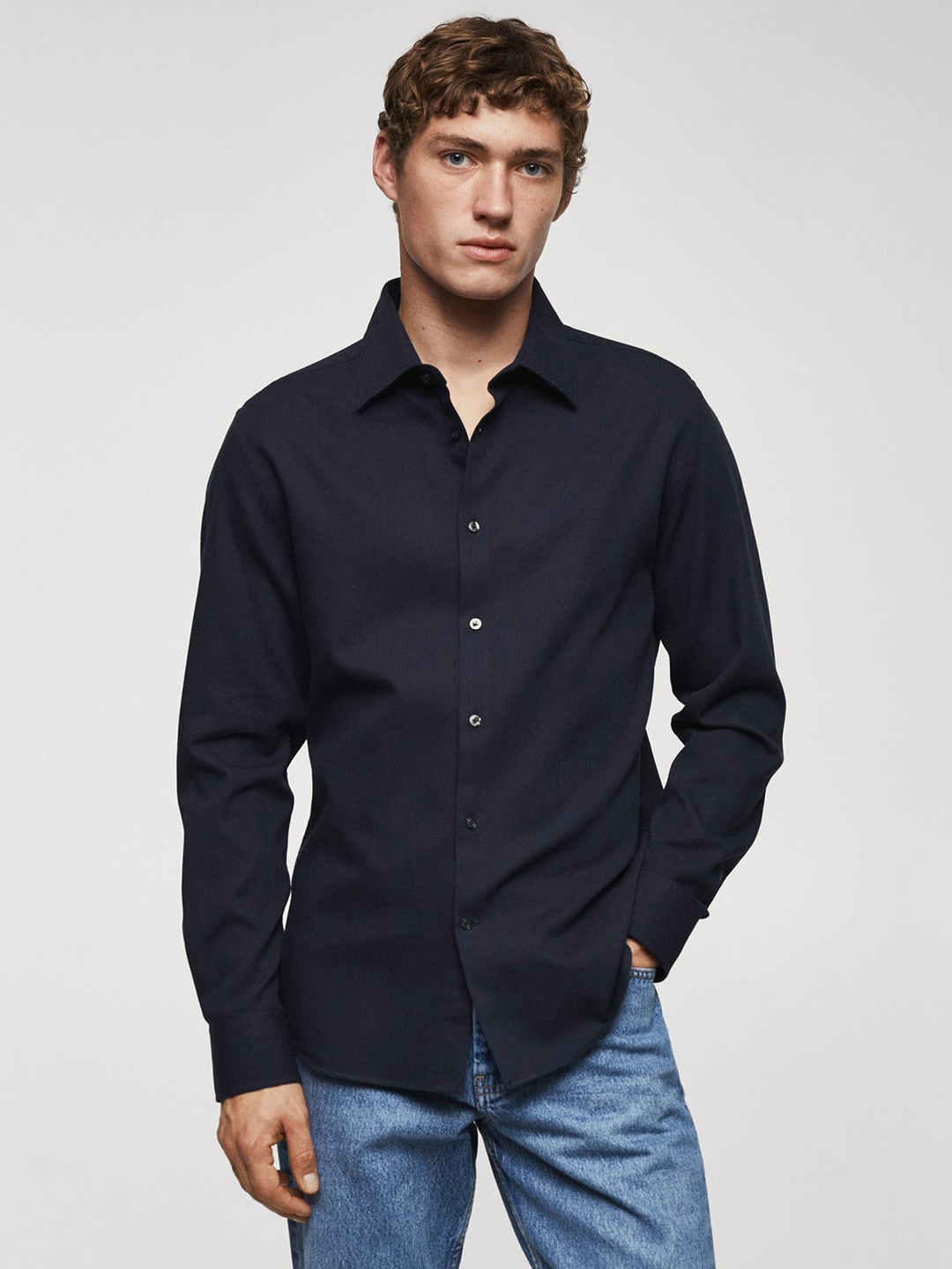 

MANGO MAN Pure Cotton Slim Fit Casual Shirt, Navy blue