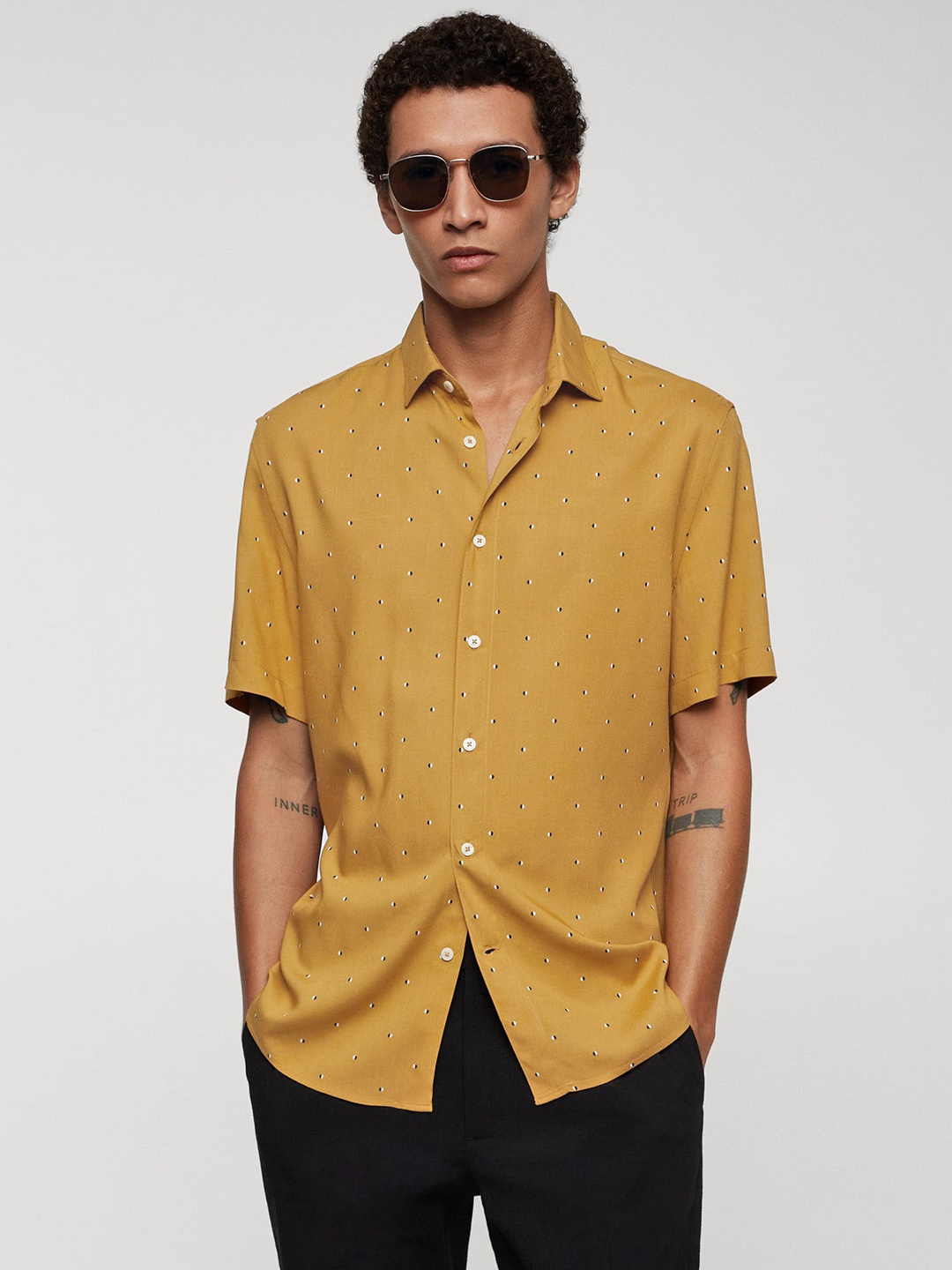 

MANGO MAN Micro Ditsy Print Casual Shirt, Mustard