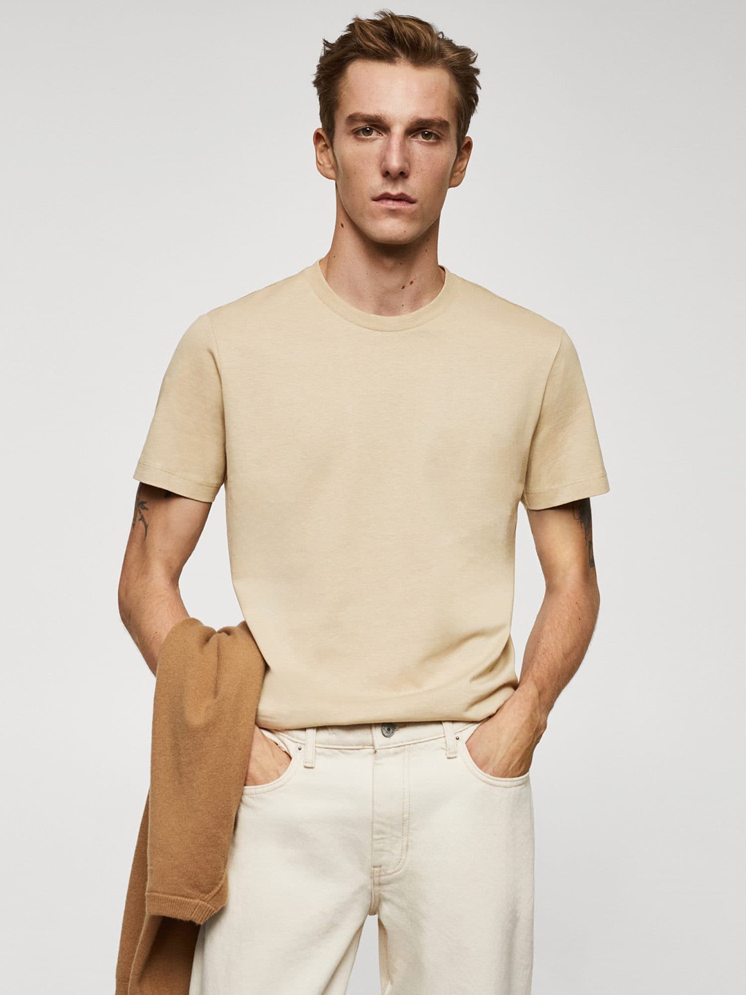 

MANGO MAN Pure Cotton Slim Fit T-shirt, Beige