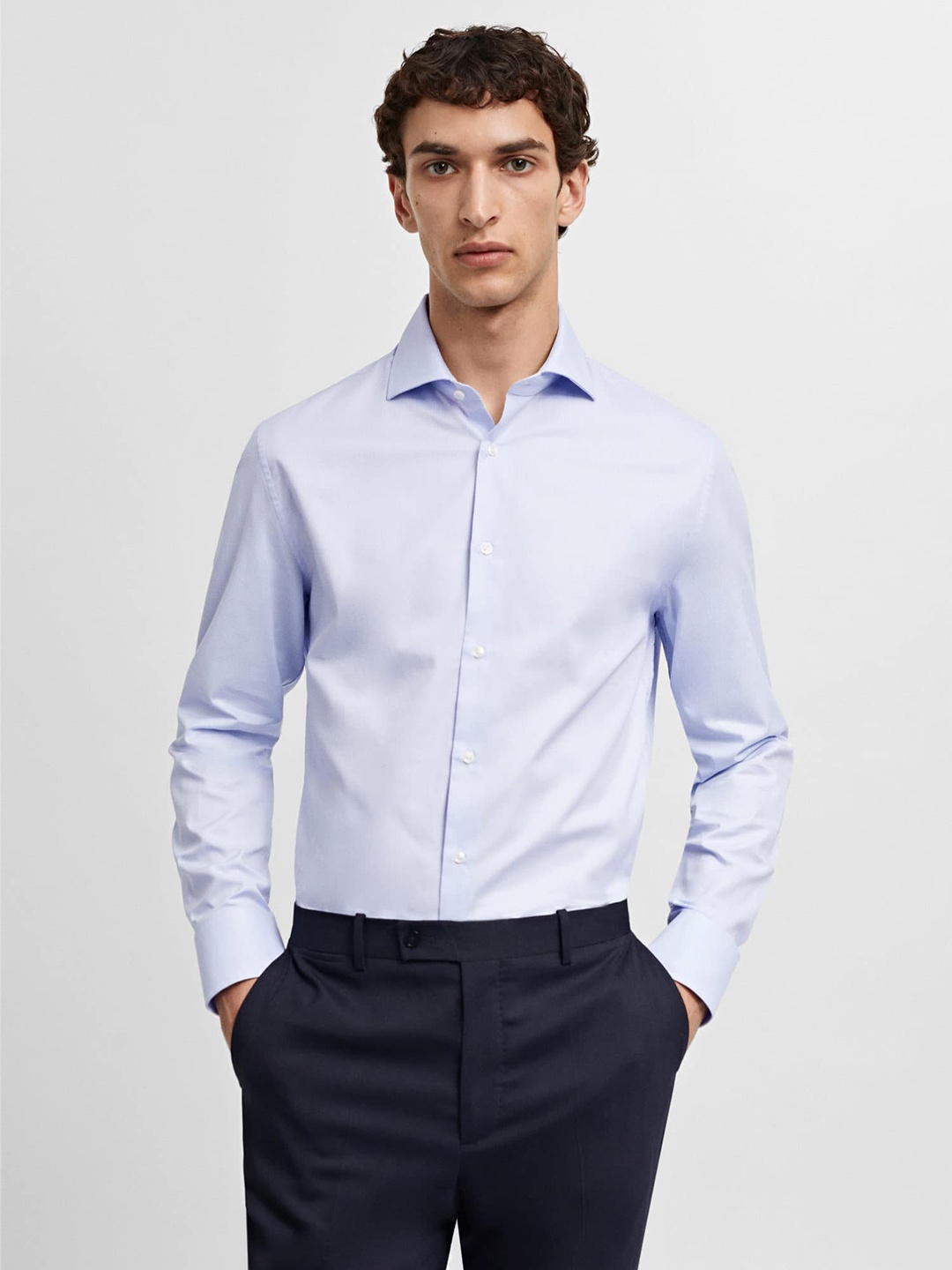 

MANGO MAN Slim Fit Micro Checks Pure Cotton Formal Shirt, Blue