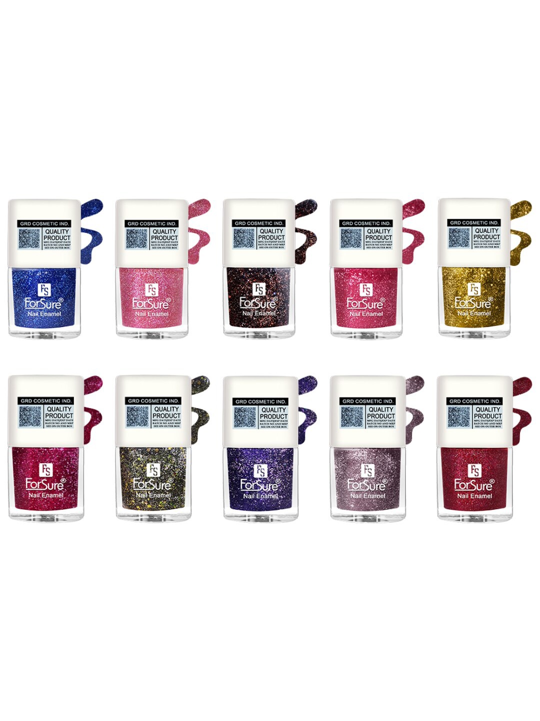 

ForSure Set Of 10 High-Shine Long-Lasting Glitter Nail Polish - 5ml Each, Multi