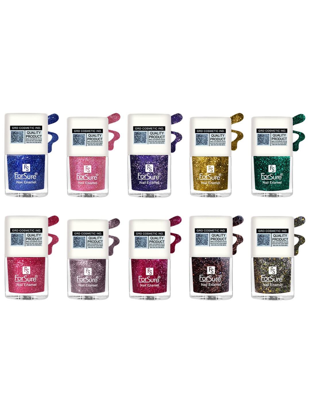 

ForSure Set Of 10 High-Shine Long-Lasting Glitter Nail Polish - 5ml Each, Multi