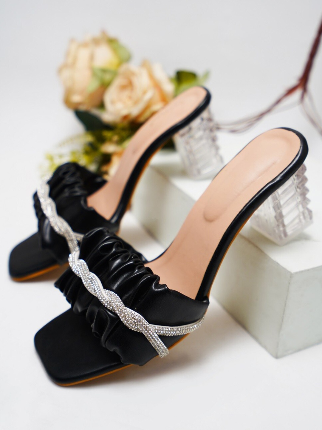 

Try Me Embellished Open Toe Block Heels, Black