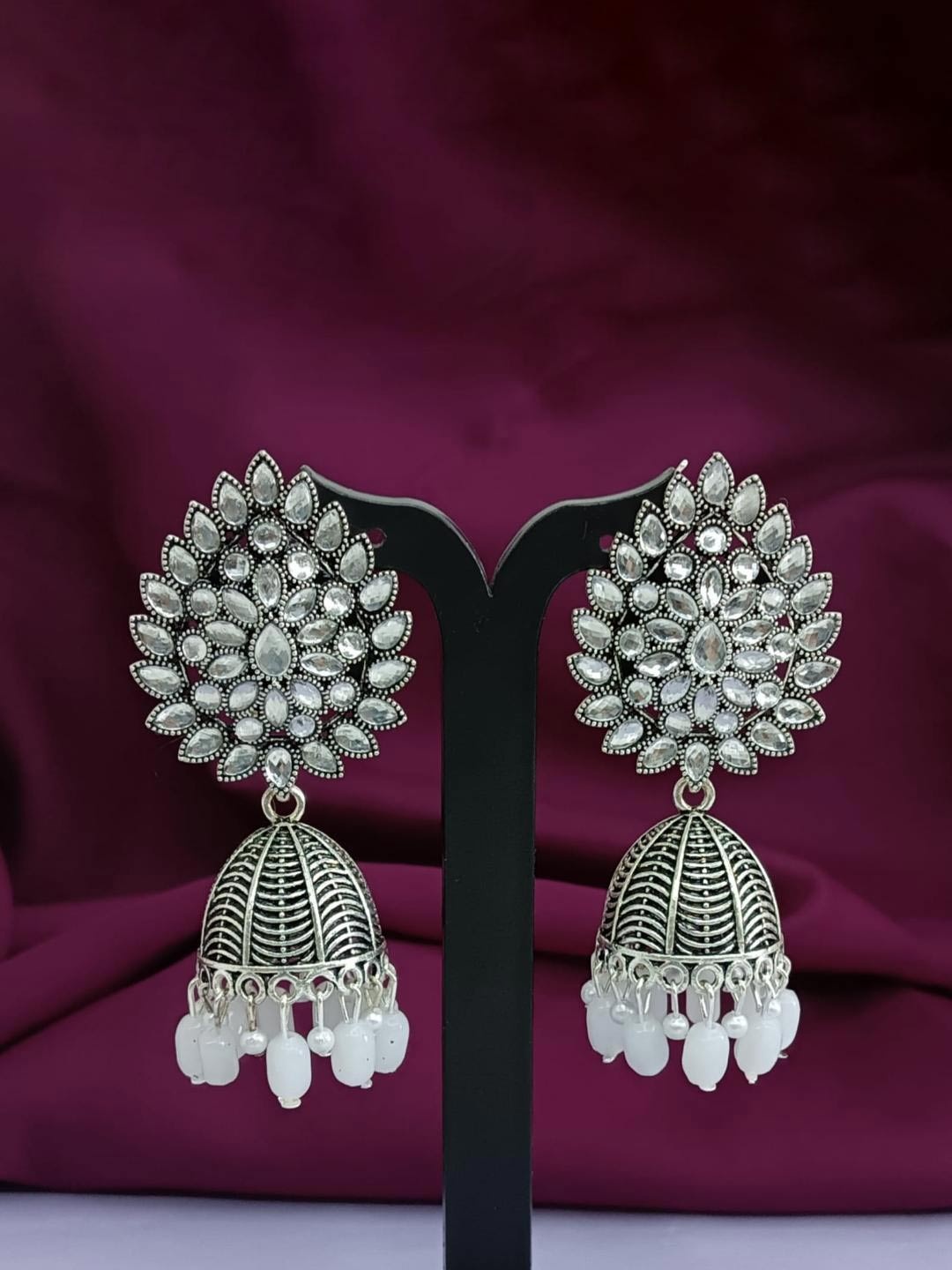 

Efulgenz Rhodium-Plated Crystal-Studded Oxidised Dome Shaped Jhumkas, Silver