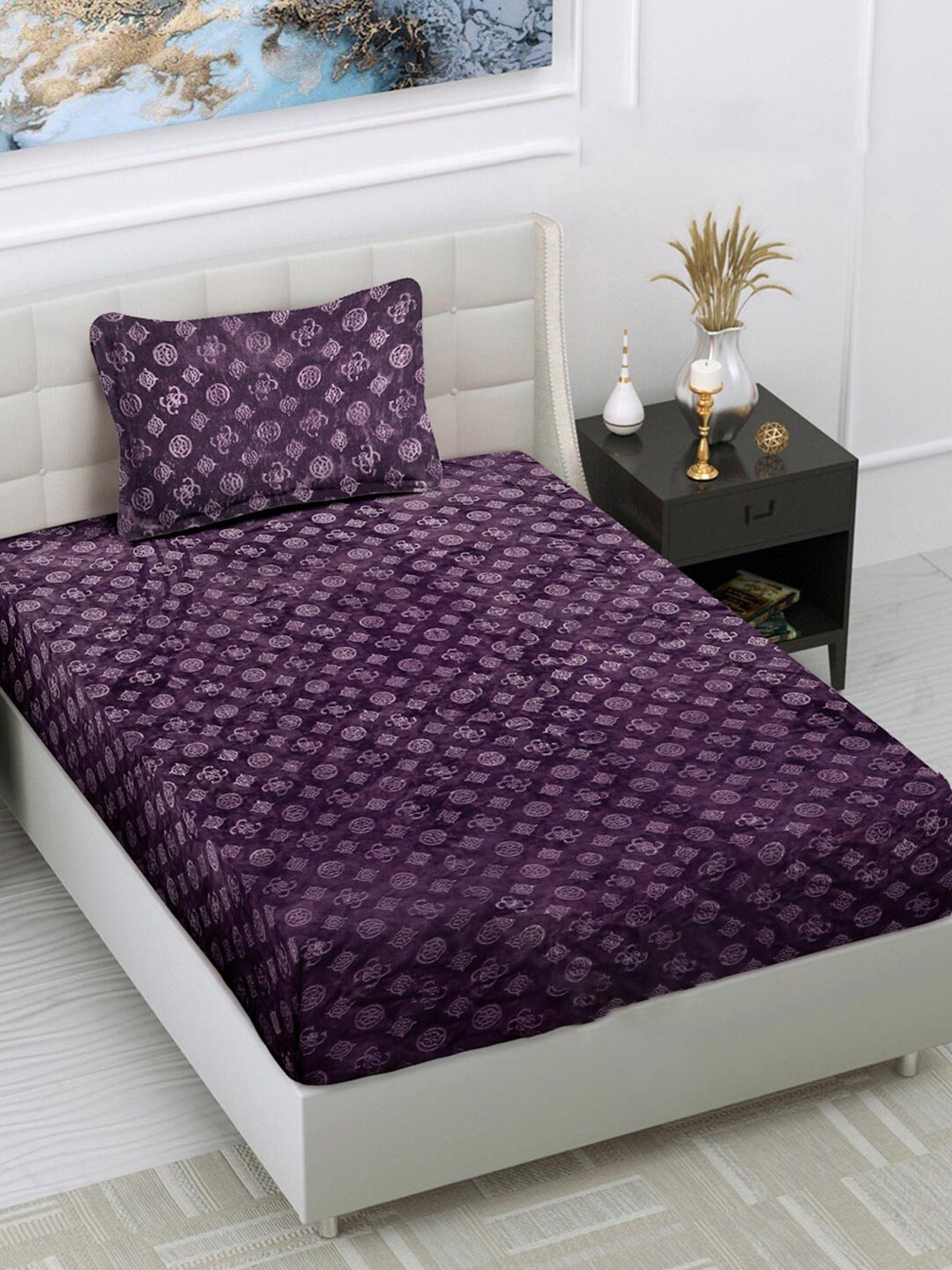 

FABINALIV Purple Geometric 300 TC Woollen Embossed Single Bedsheet with Pillow Cover