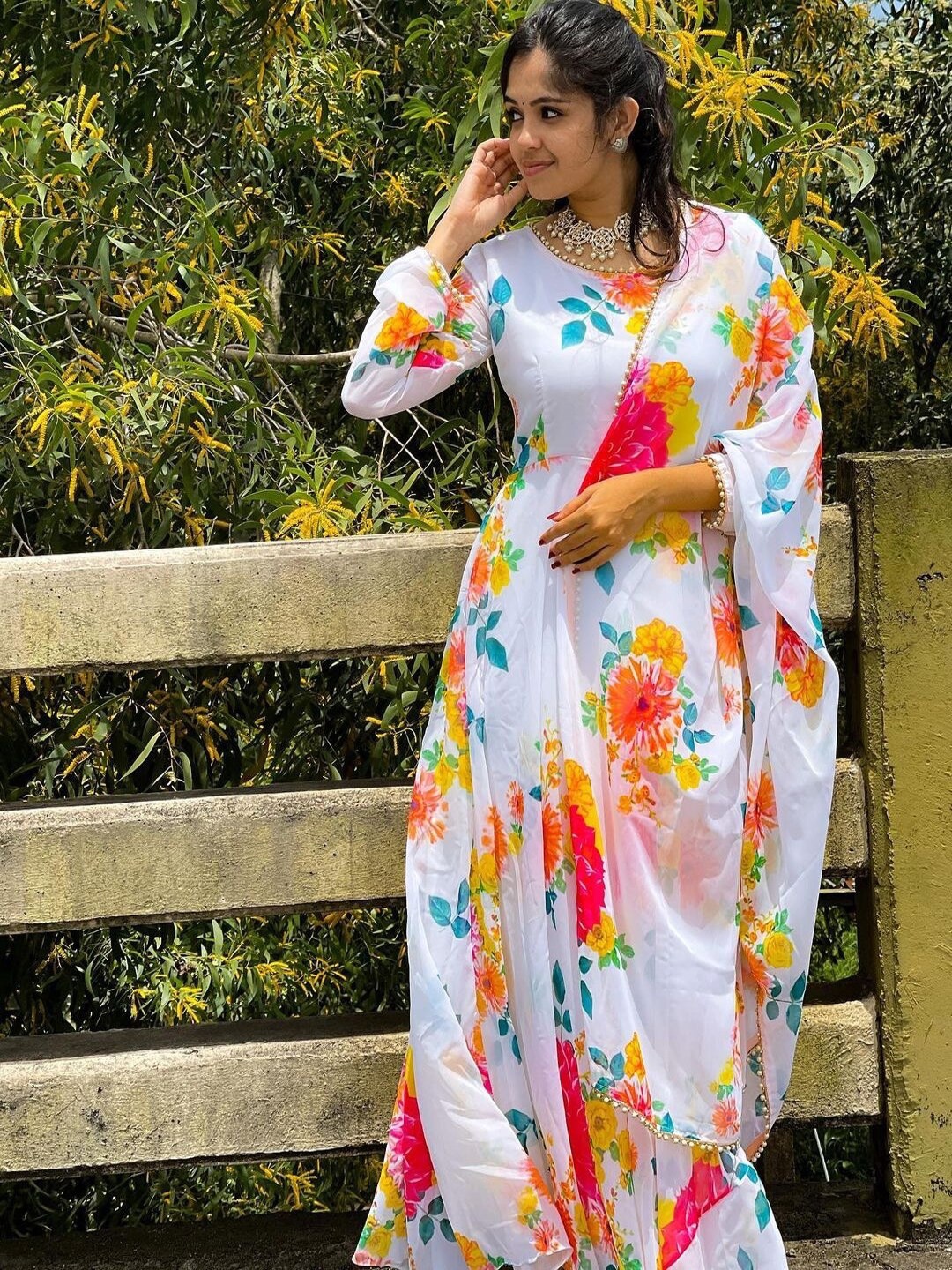 

Paramparik Textile Floral Printed Gown Ethnic Dress With Dupatta, White