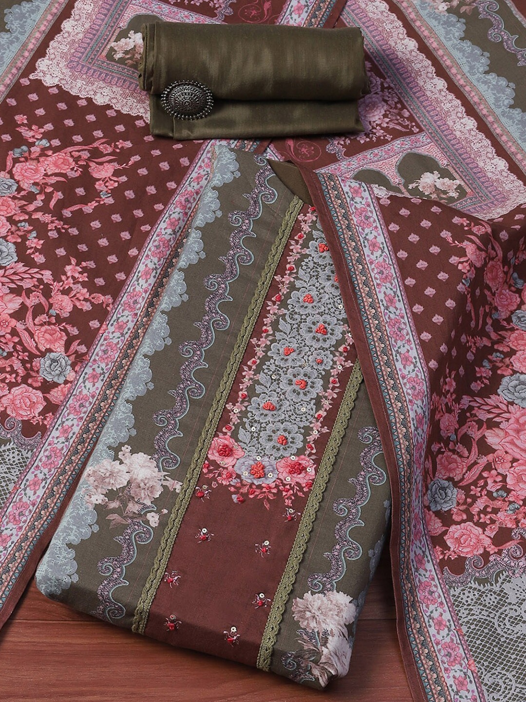 

Biba Ethnic Motifs Printed Sequinned Unstitched Dress Material, Brown