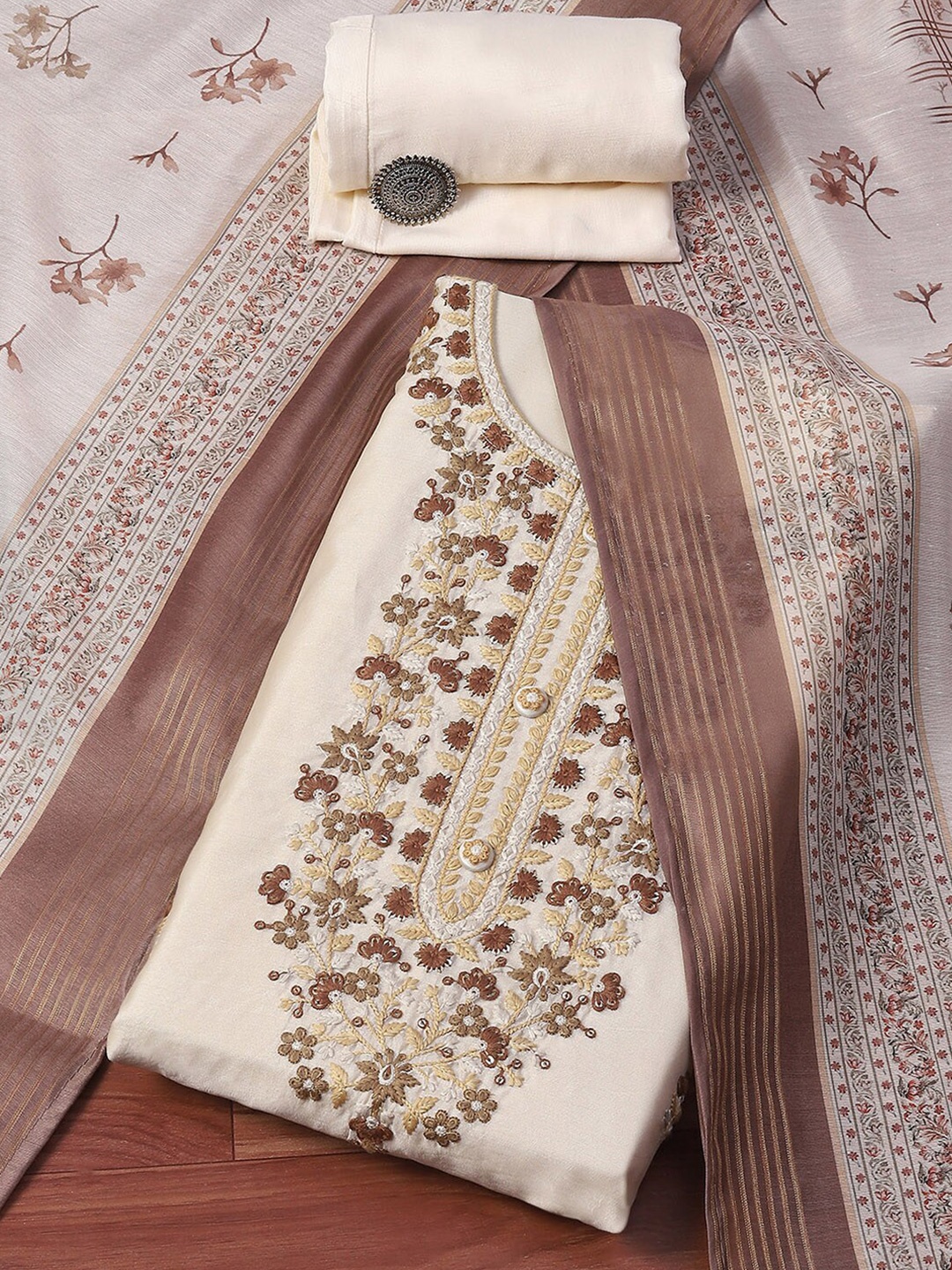 

Biba Floral Printed Sequinned Unstitched Dress Material, Off white