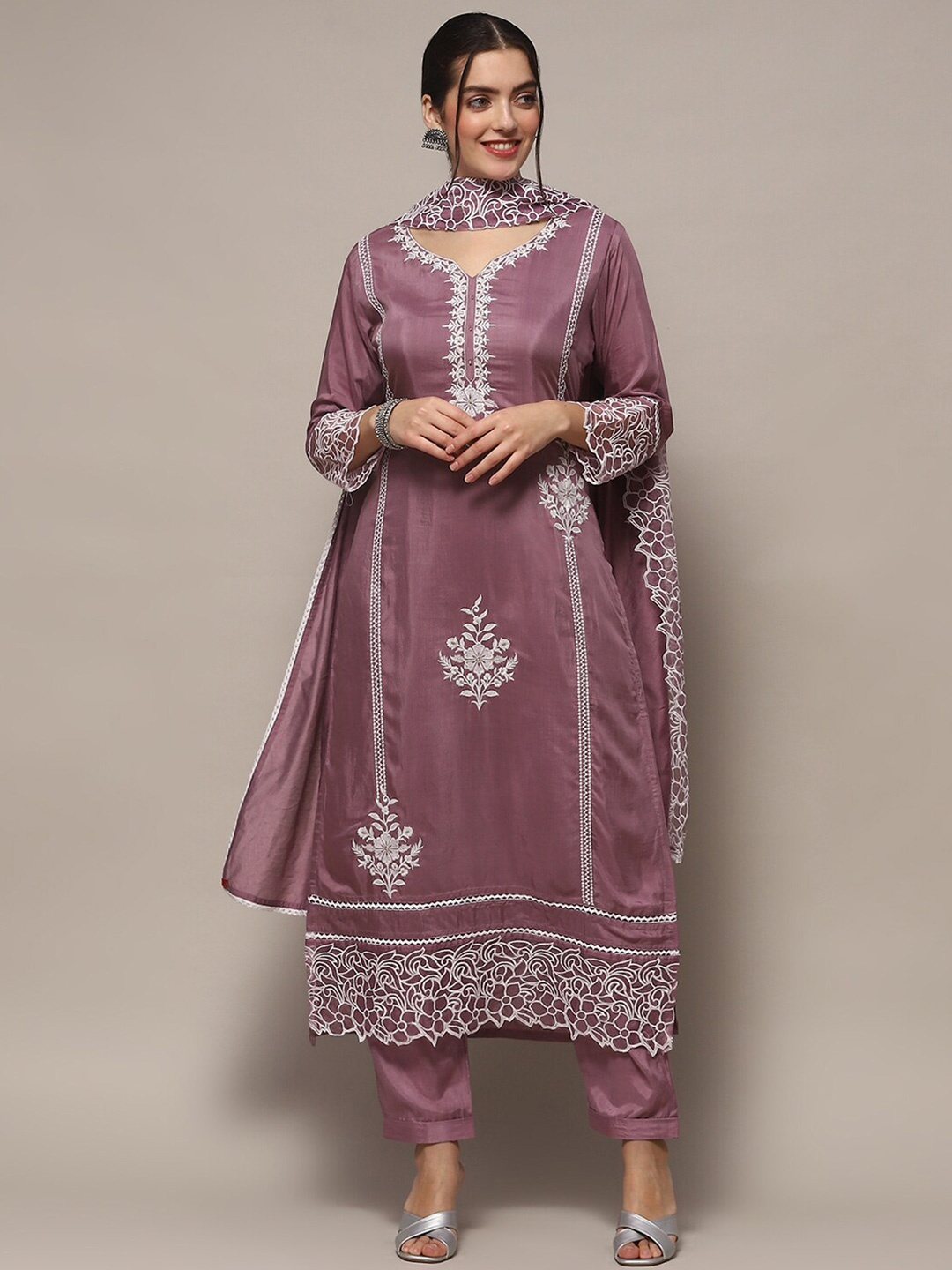 

Biba Floral Printed Zari Unstitched Dress Material, Lavender