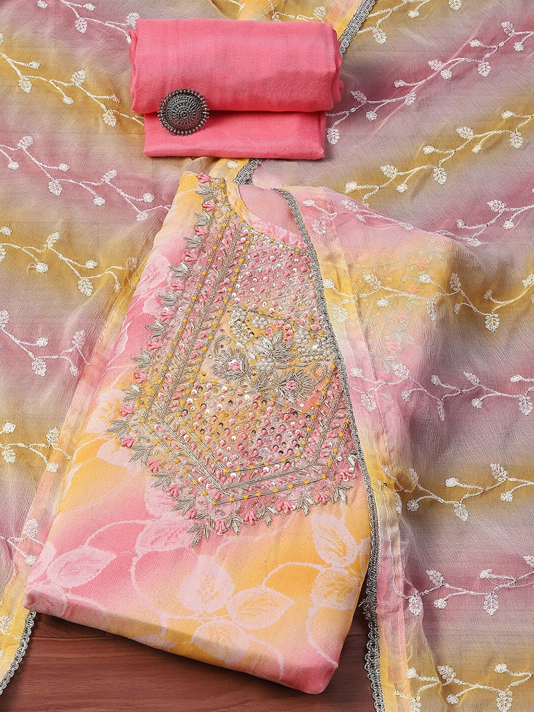 

Biba Floral Printed Sequinned Organza Unstitched Dress Material, Pink