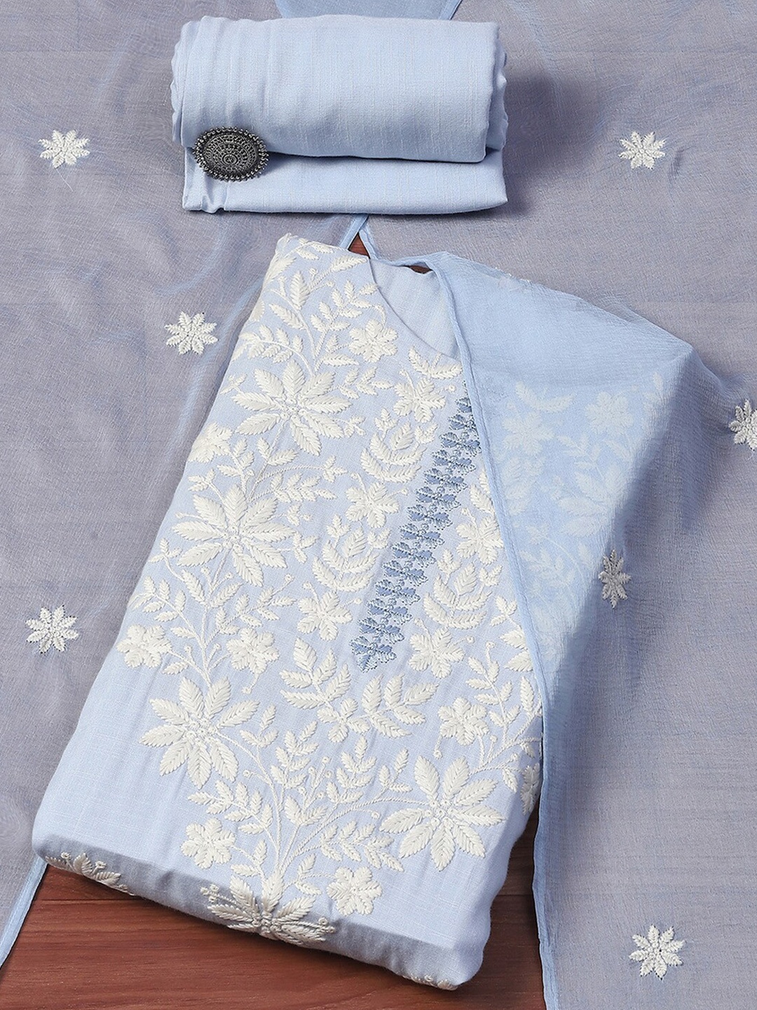 

Biba Floral Embroidered Viscose Rayon Unstitched Dress Material, Blue
