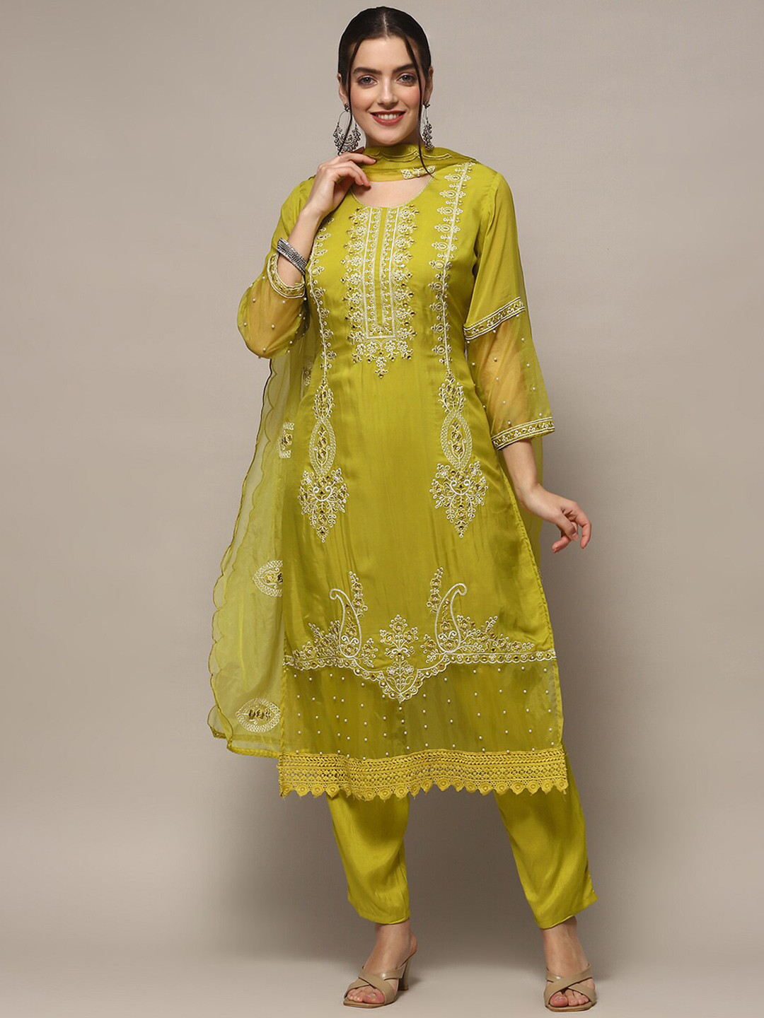 

Biba Floral Printed Mirror Work Organza Unstitched Dress Material, Lime green