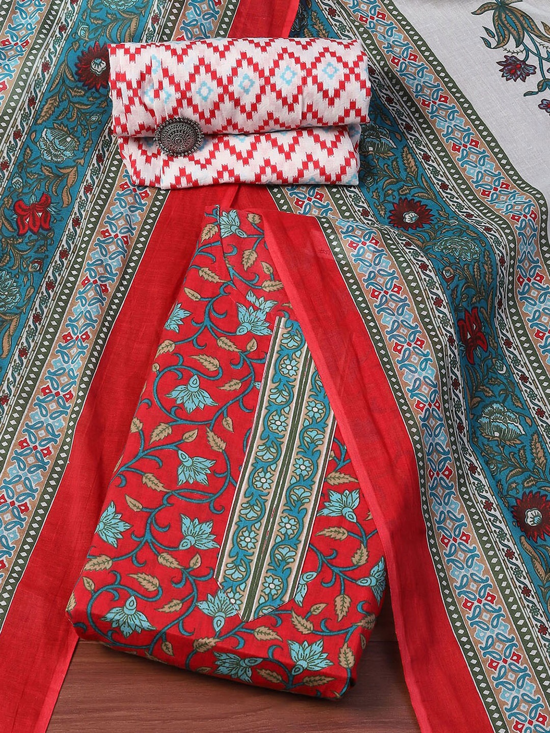 

Biba Floral Printed Unstitched Dress Material, Red