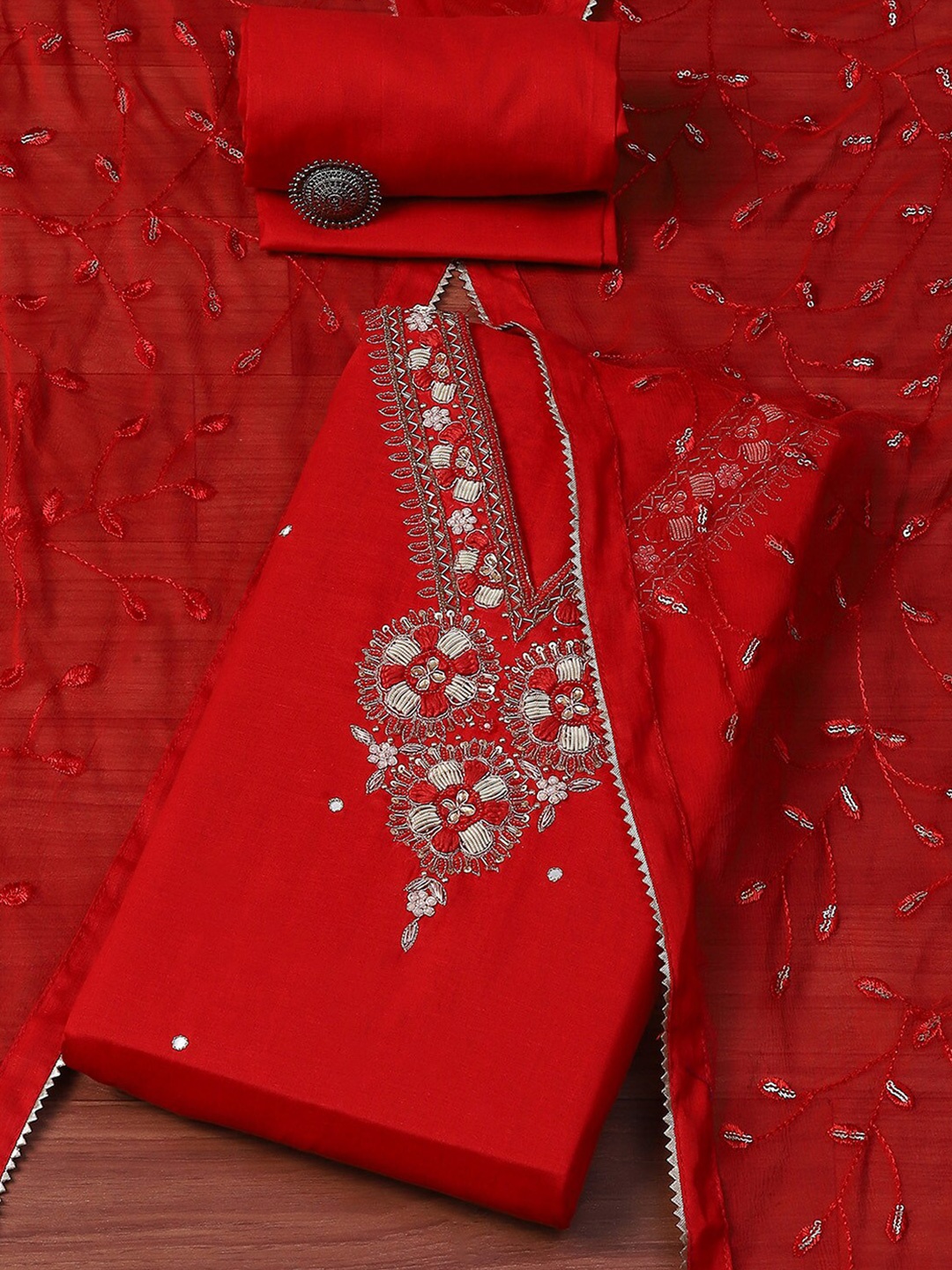 

Biba Floral Embroidered Mirror Work Unstitched Dress Material, Red