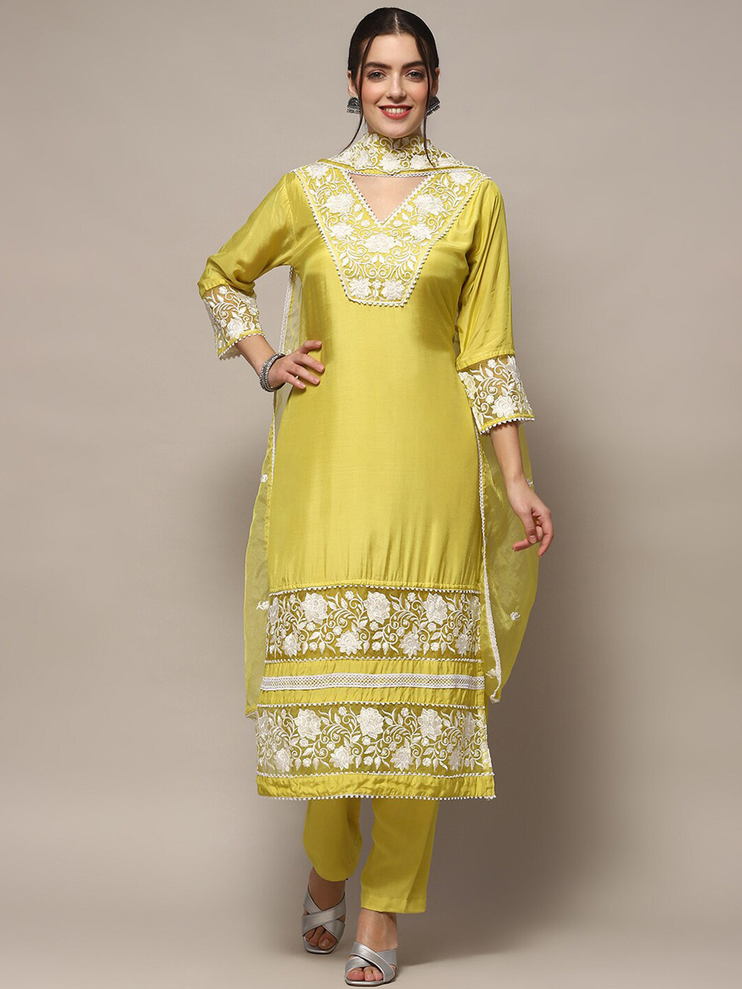 

Biba Floral Printed Gotta Patti Unstitched Dress Material, Yellow
