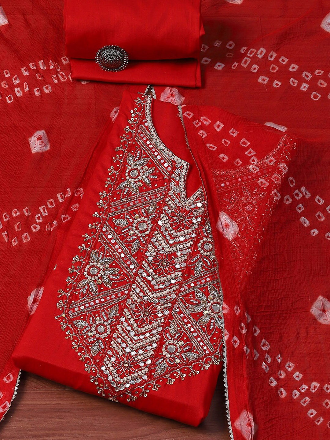 

Biba Floral Embroidered Unstitched Dress Material, Red
