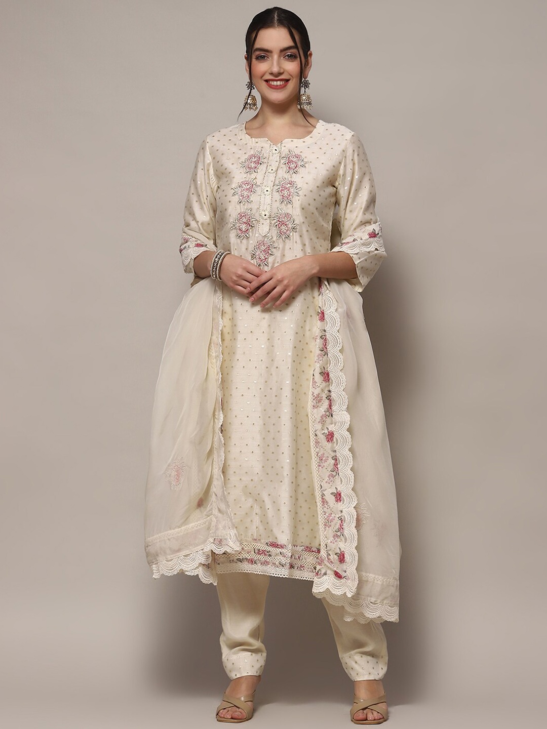 

Biba Floral Printed Sequinned Unstitched Dress Material, White