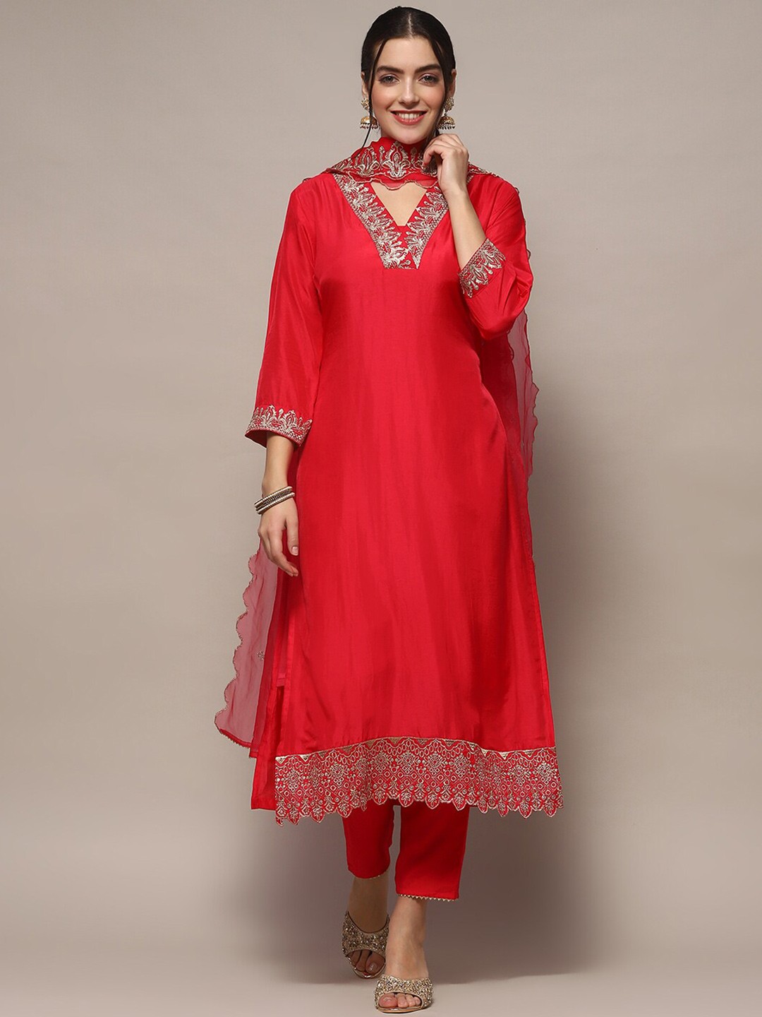

Biba Floral Printed Zari Unstitched Dress Material, Pink