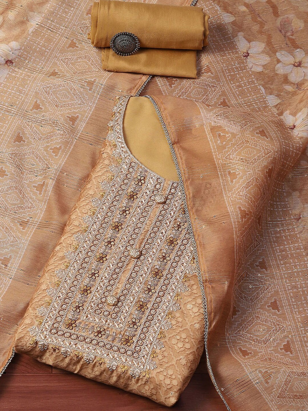 

Biba Ethnic Motifs Printed Thread Work Unstitched Dress Material, Beige