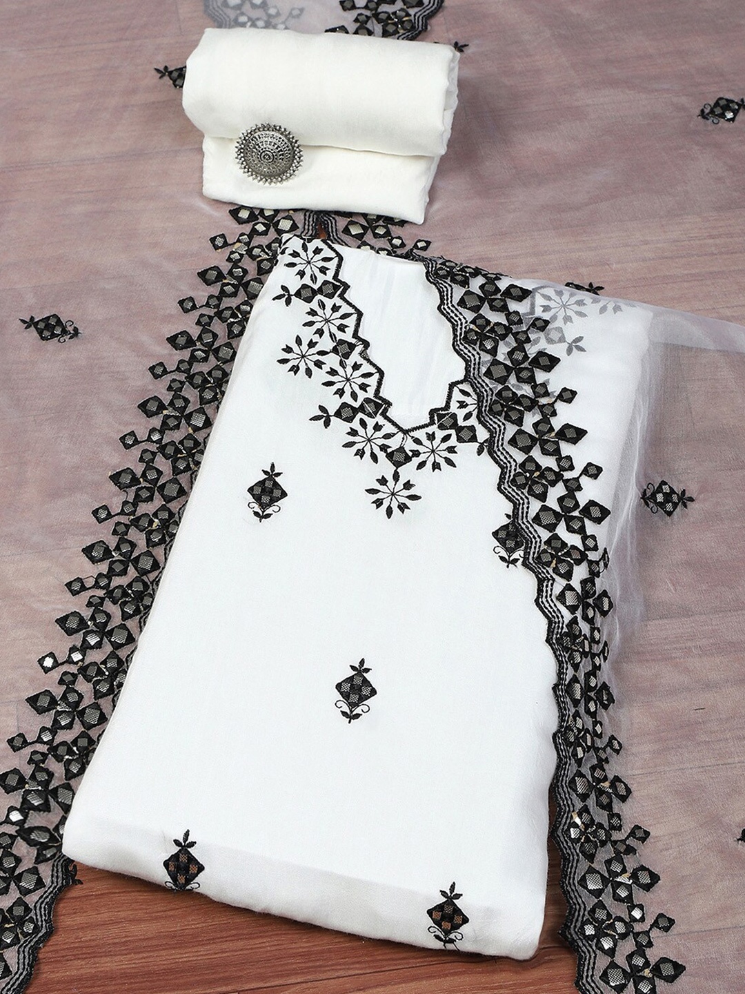 

Biba Floral Embroidered Unstitched Dress Material, Off white