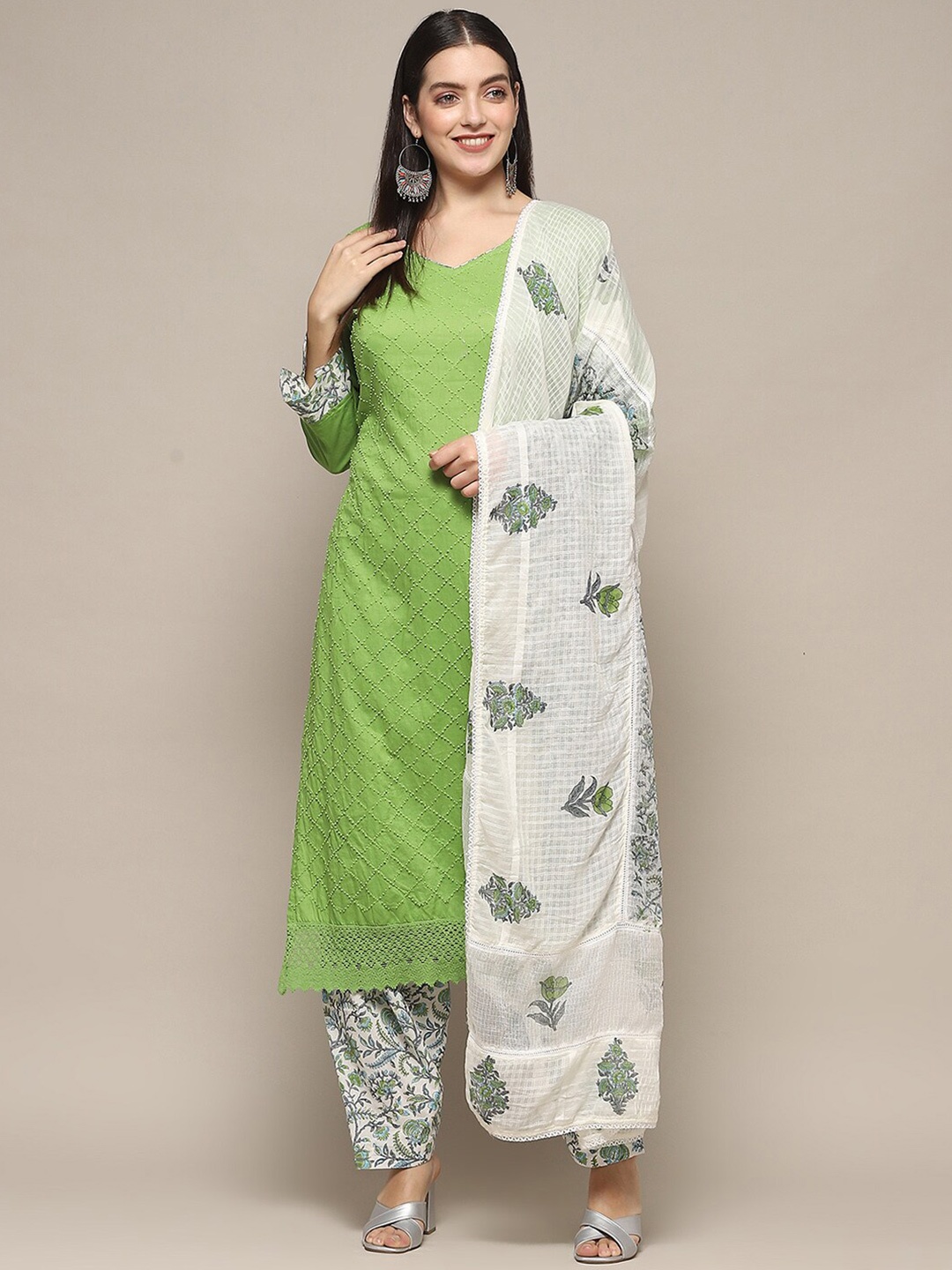 

Biba Geometric Printed Unstitched Dress Material, Green