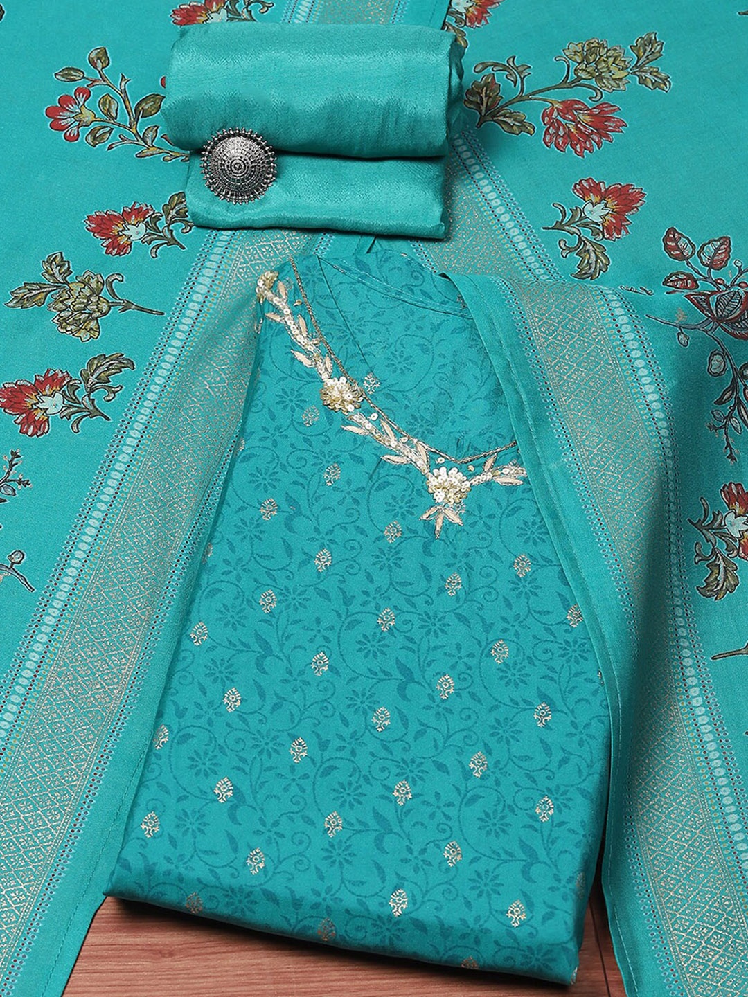 

Biba Floral Printed Sequinned Unstitched Dress Material, Turquoise blue