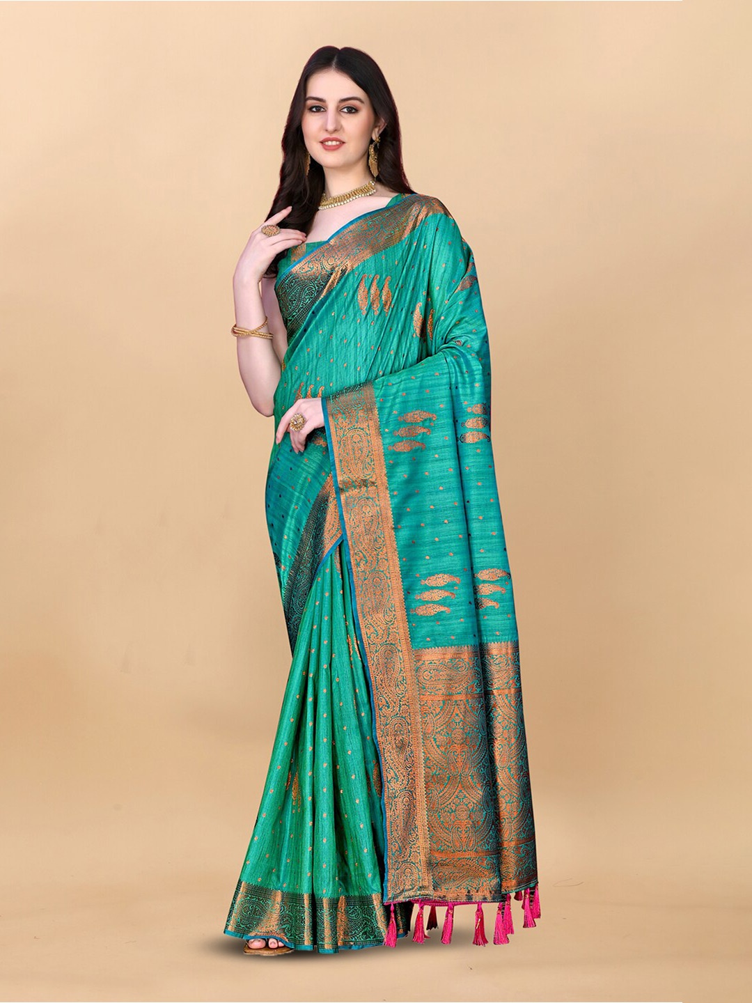 

OFLINE SELECTION Ethnic Motifs Woven Design Zari Banarasi Silk Saree, Turquoise blue