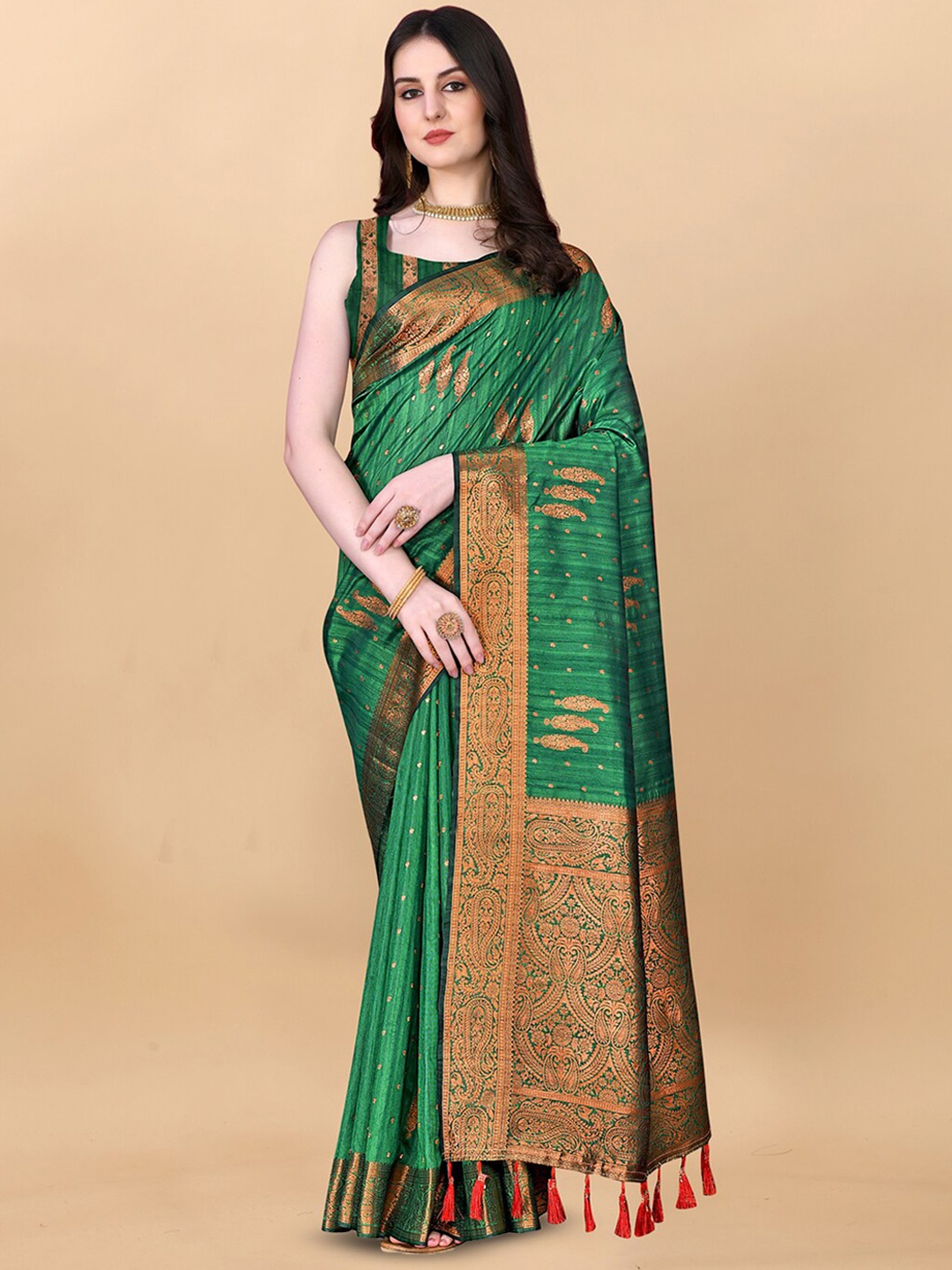 

OFLINE SELECTION Ethnic Motifs Woven Design Zari Banarasi Silk Saree, Green