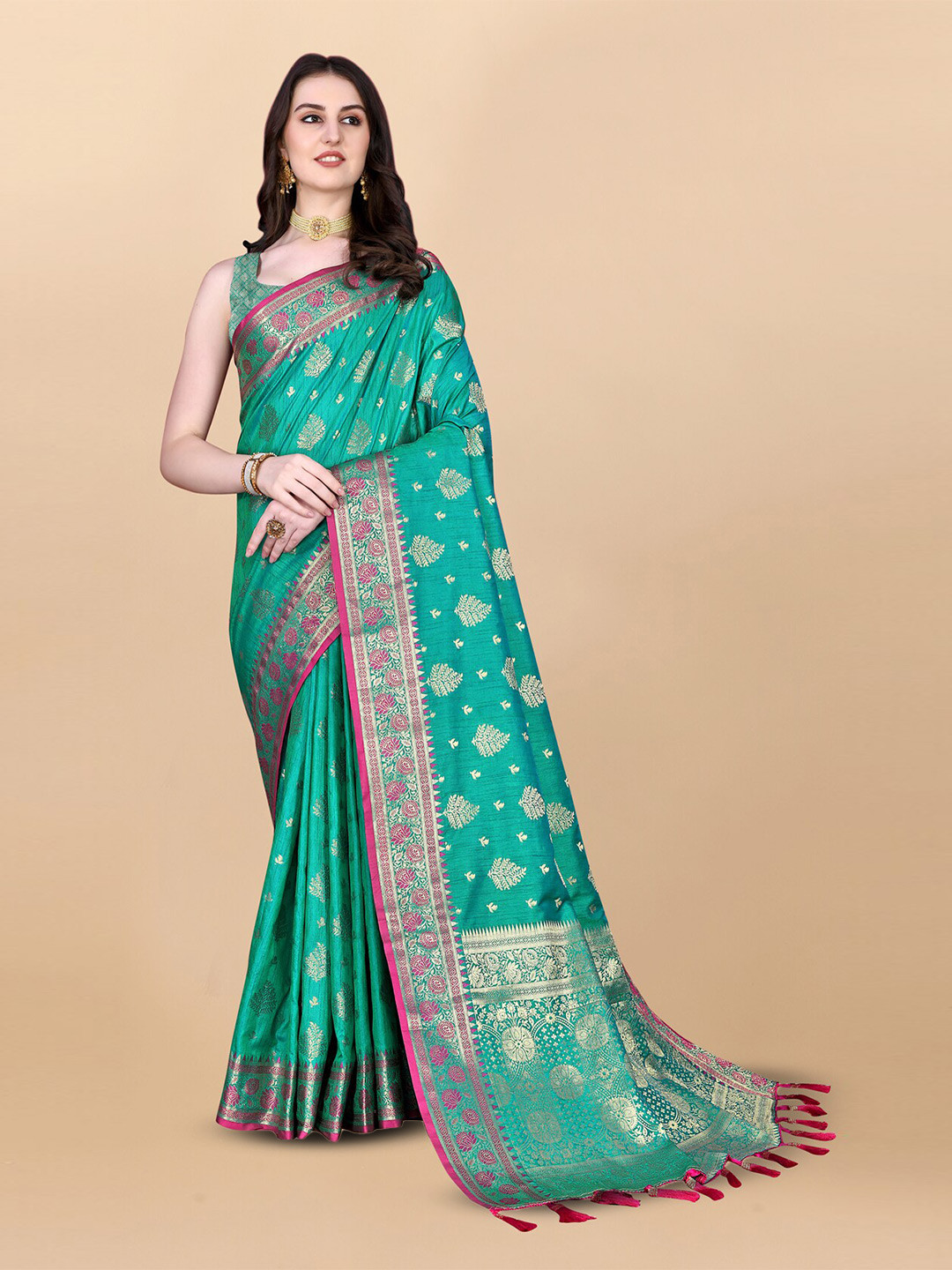 

OFLINE SELECTION Ethnic Motifs Woven Design Zari Banarasi Silk Saree, Turquoise blue