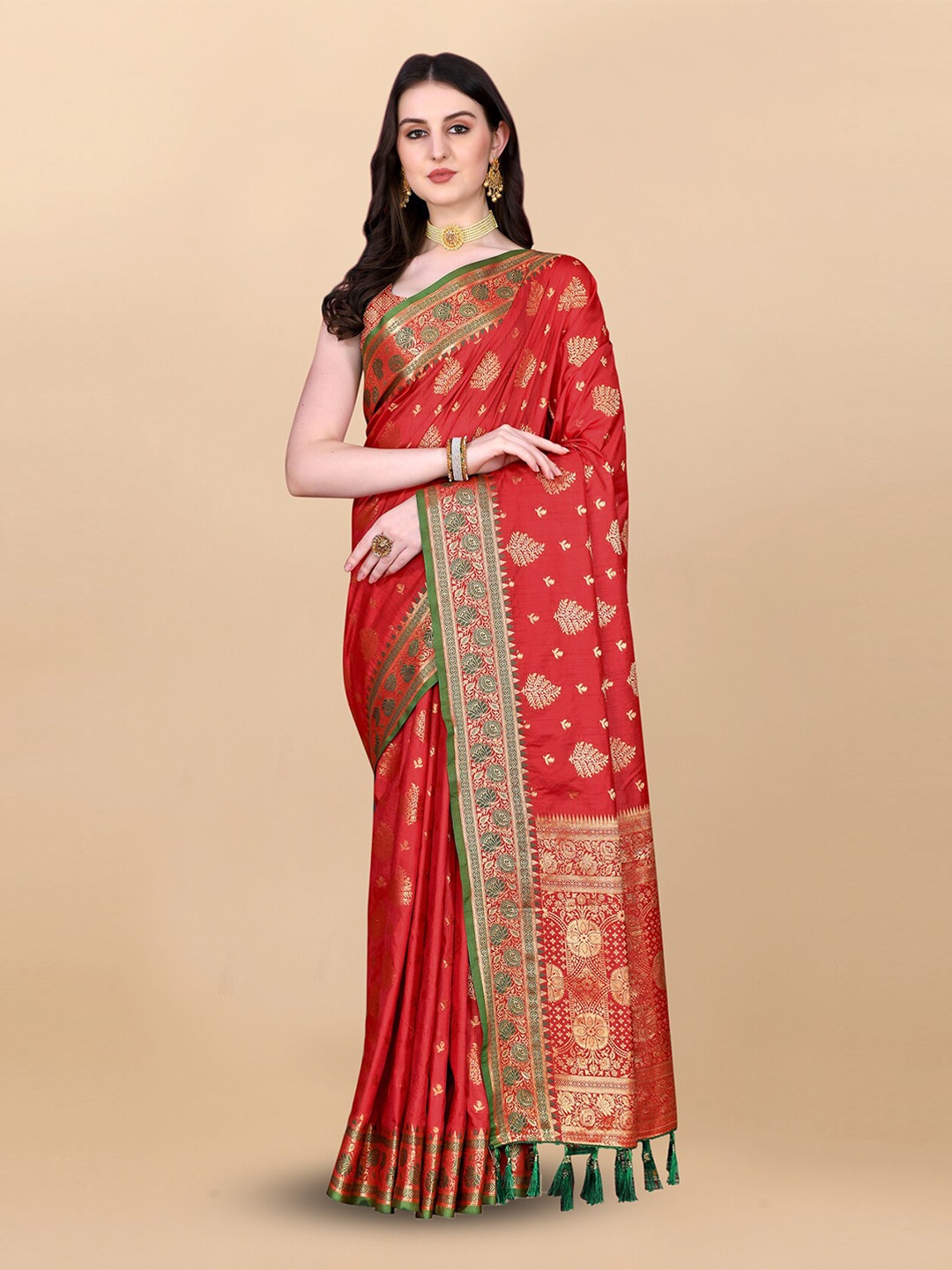 

OFLINE SELECTION Ethnic Motifs Woven Design Zari Banarasi Silk Saree, Red