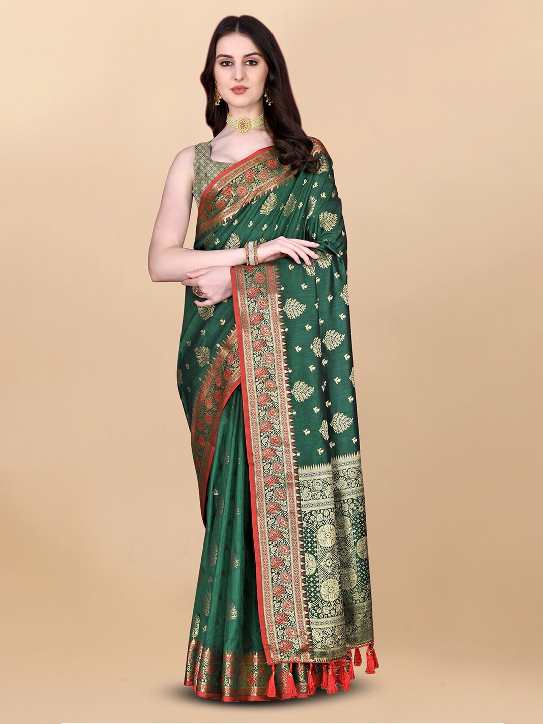 

OFLINE SELECTION Ethnic Motifs Woven Design Zari Banarasi Silk Saree, Green