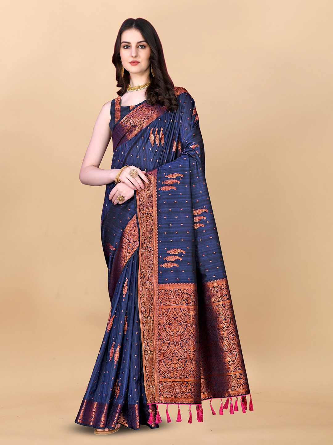 

OFLINE SELECTION Ethnic Motifs Woven Design Zari Banarasi Silk Saree, Navy blue