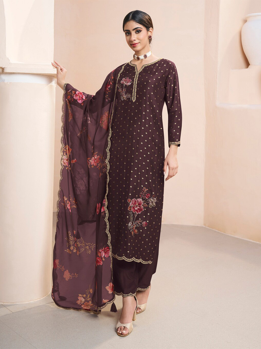 

Seerat Ethnic Motifs Embroidered Dola Silk Straight Kurta With Trousers & Dupatta, Coffee brown