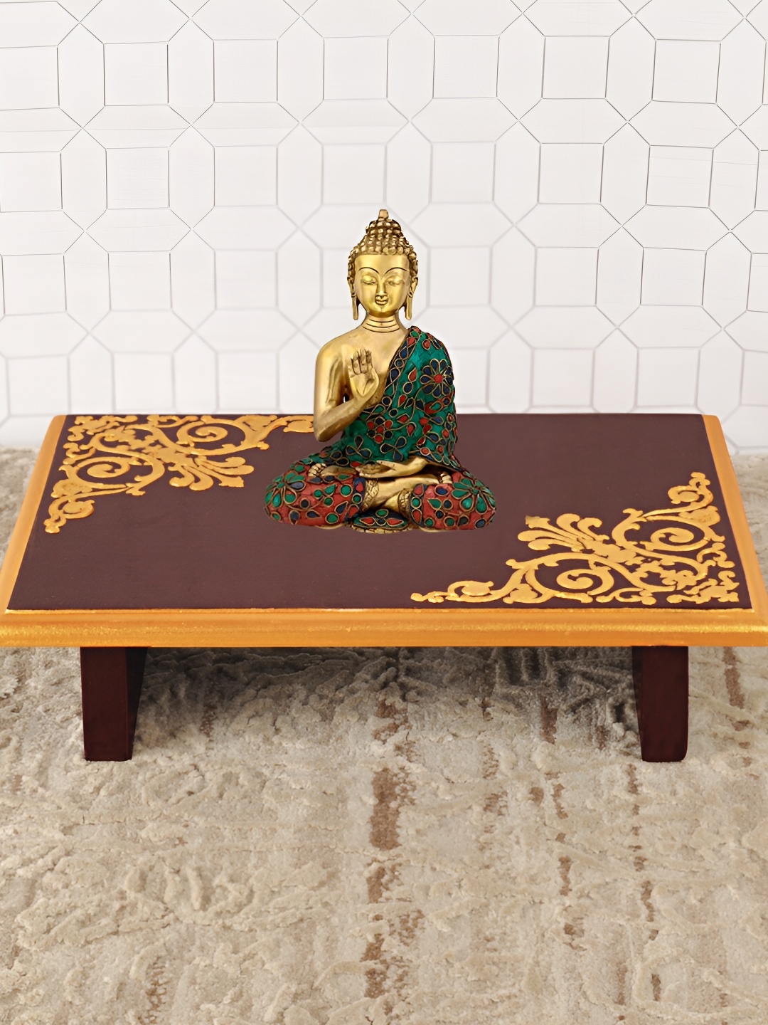 

Lal Haveli Brown Ethnic Motif-designed Wooden Pooja Chowkie