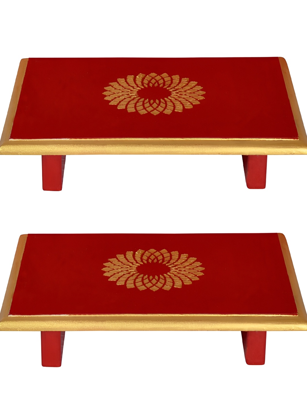 

Lal Haveli Red & Gold-Tone 2-pcs Floral-designed MDF Wooden Pooja Chowkie