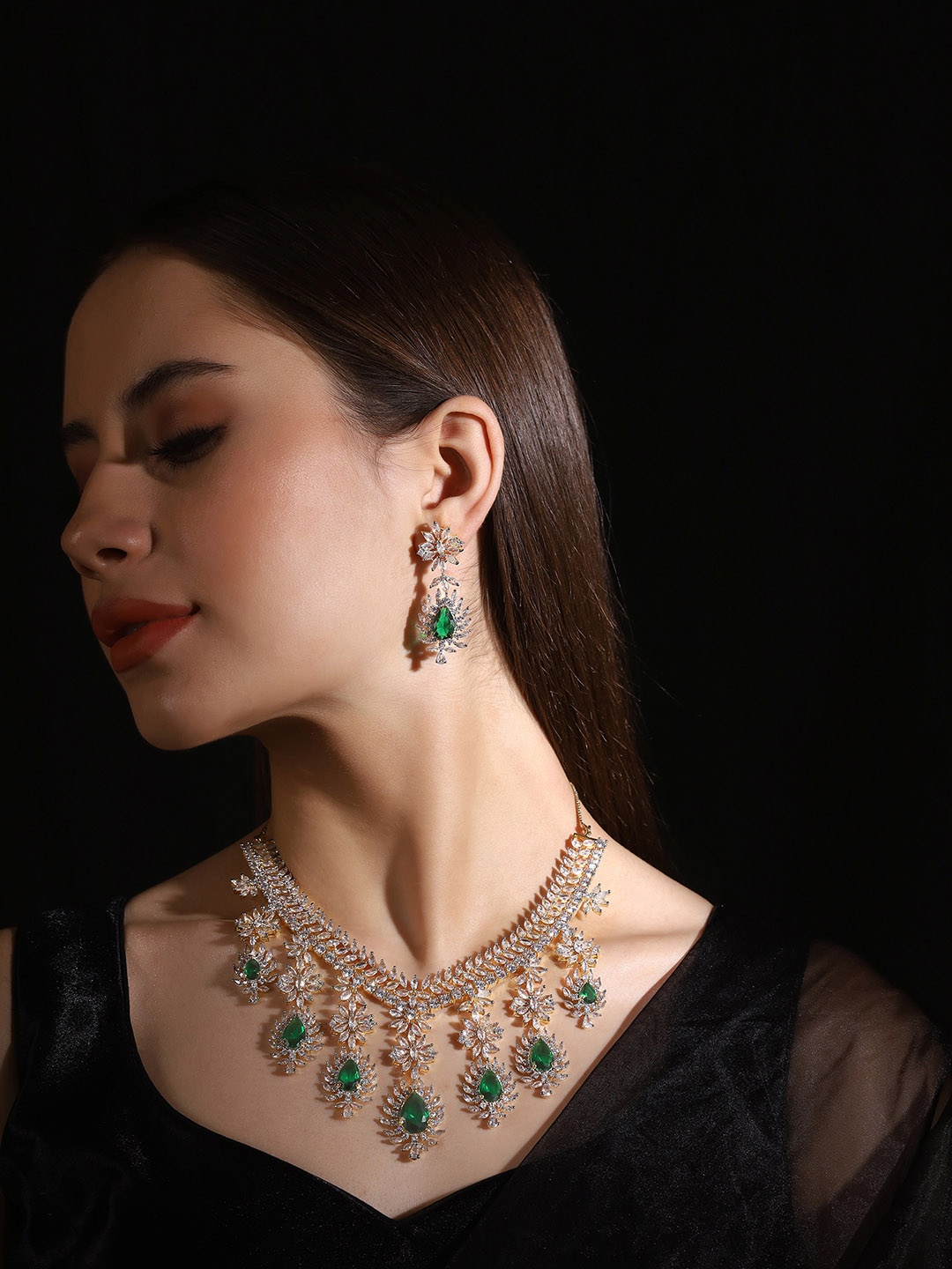 

Priyaasi Women Silver-Plated American Diamond and Stones Studded Jewellery Set, Green