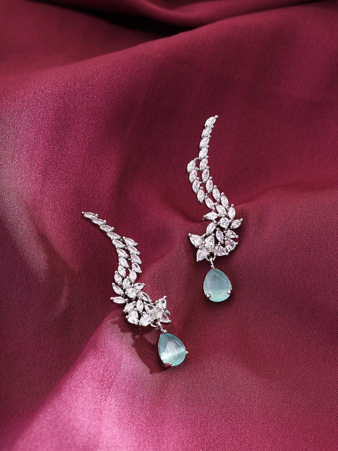 

Priyaasi Silver-Plated American Diamond Contemporary Drop Earrings, Teal