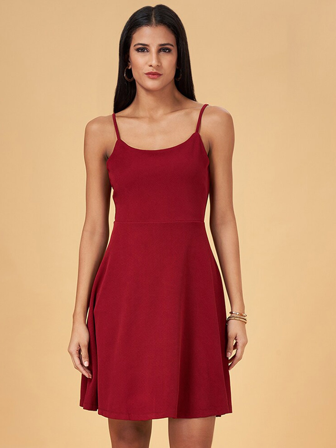 

People Shoulder Sleeves Fit & Flare Dress, Maroon